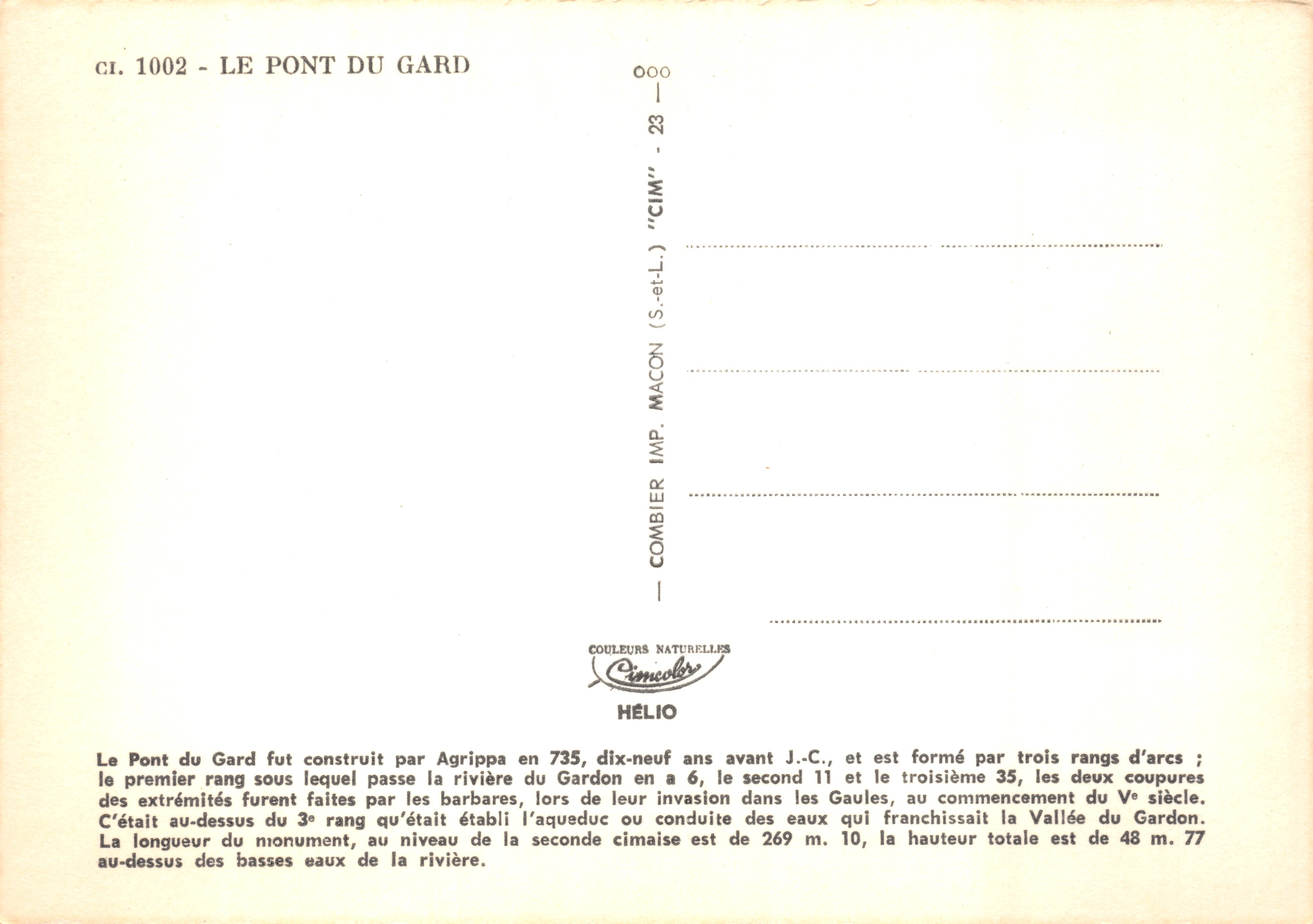 Il Pont du Gard — acquedotto romano sul Gardon — editore COMBIBIER IMP. MACON — Verso