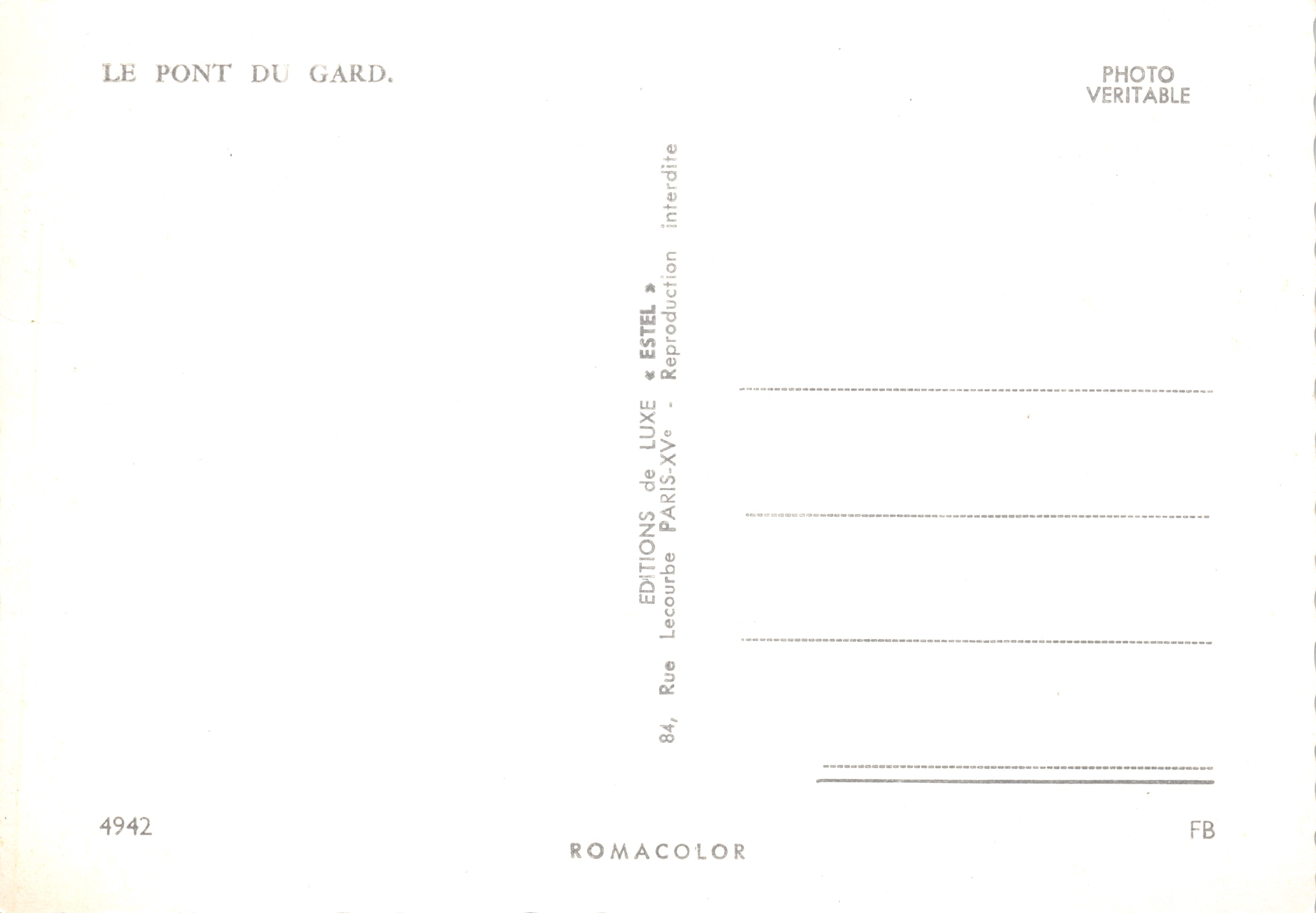 Puente de Gard — acueducto romano sobre el Gard — editor Estel, n.º 4942 — Reverso