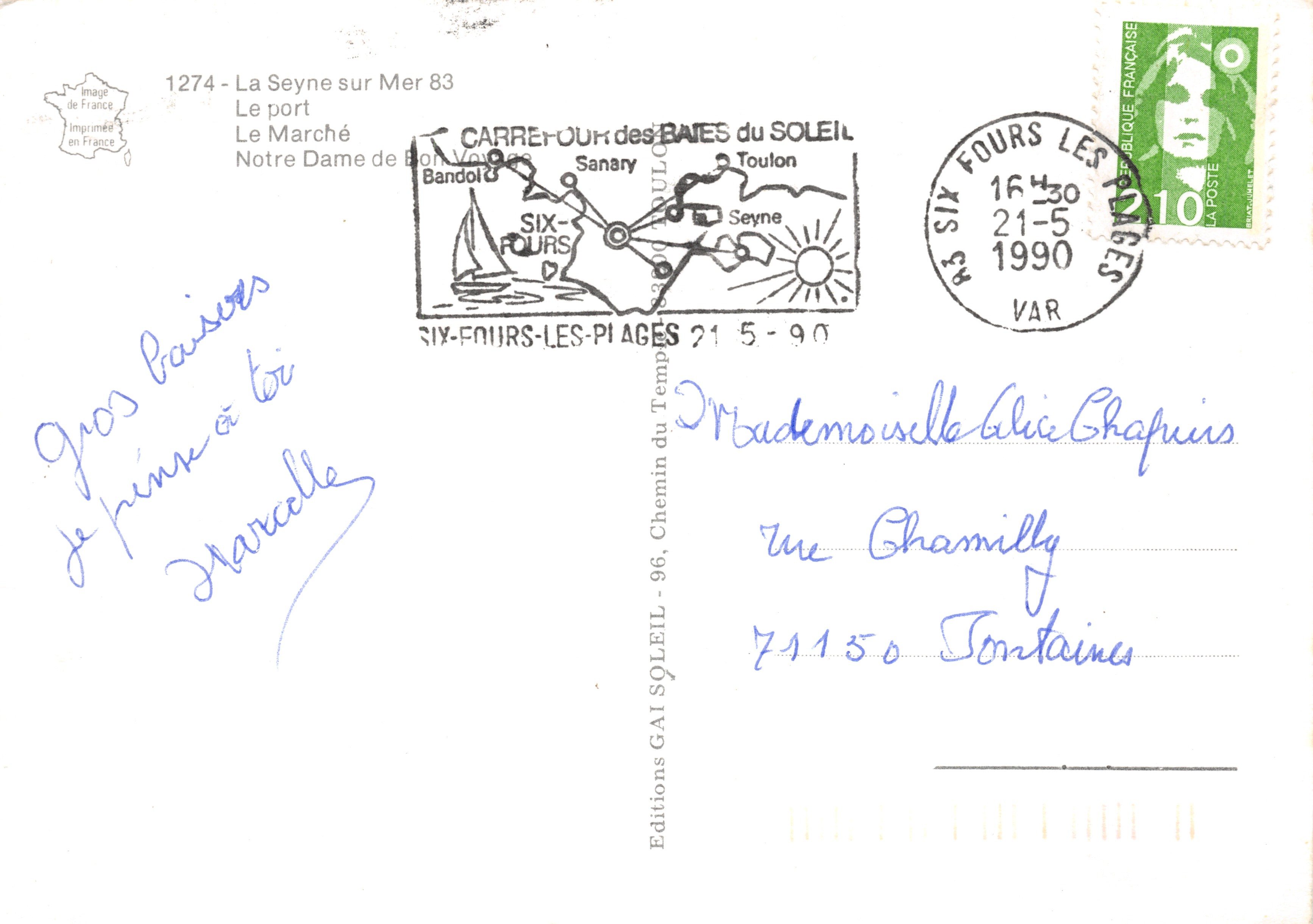 La Seyne-sur-Mer — vista del porto, mercato dei fiori, chiesa, mercato dei vegetali, campanile — Editions Gai Soleil — Verso