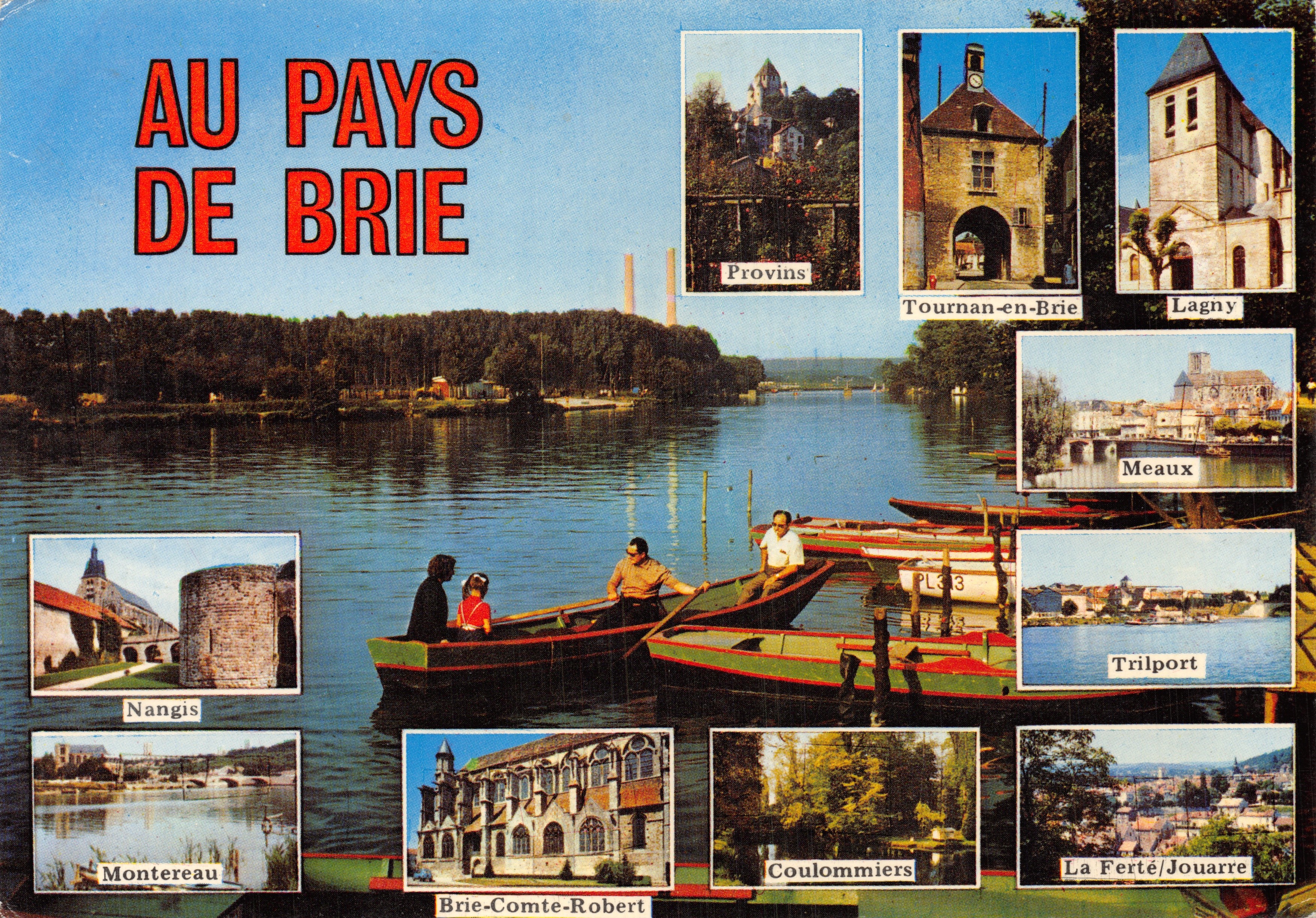 In het Pays de Brie — uitzicht op de rivier met boten en gemeente-vignetten — Editions Nangis