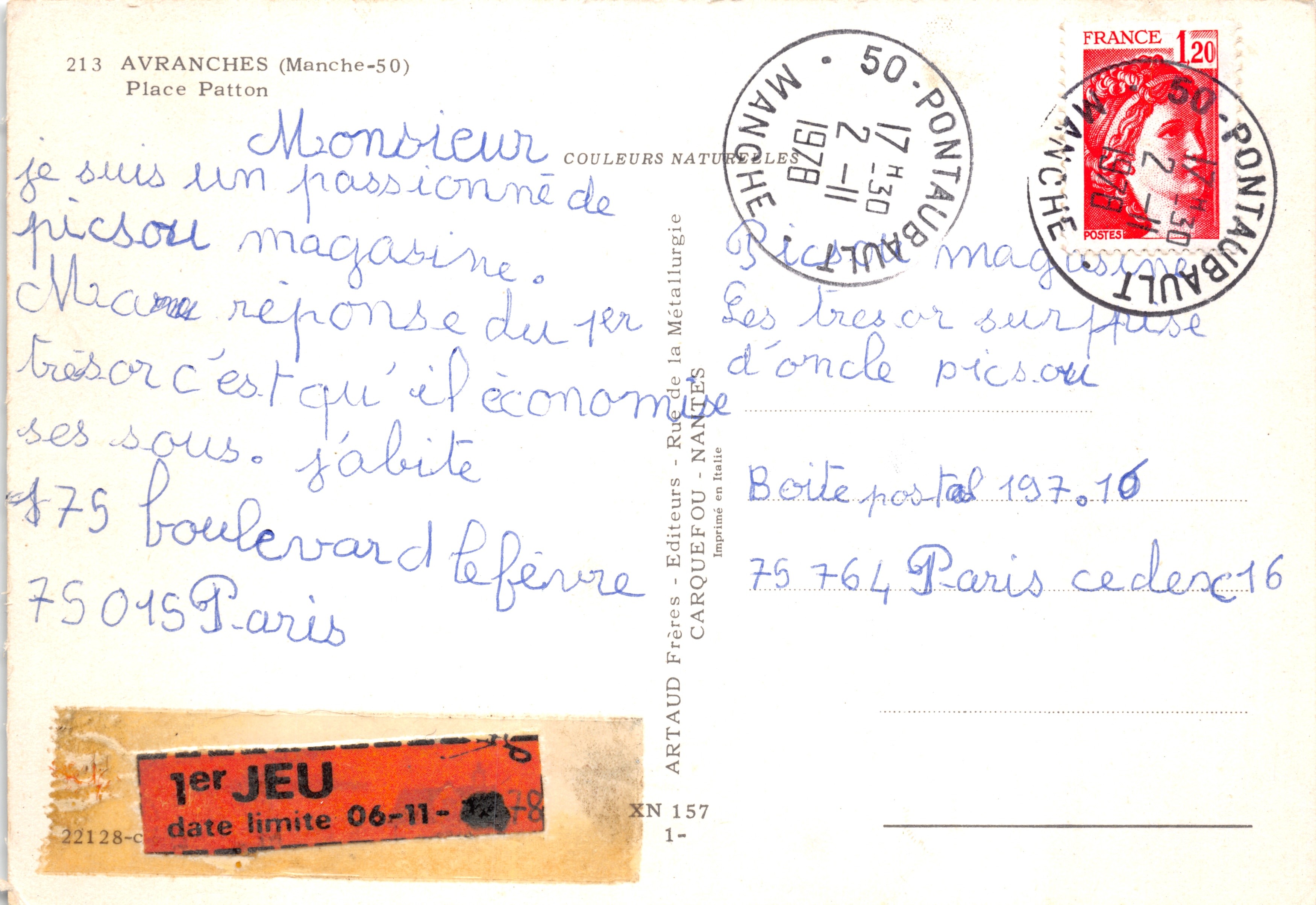 Avranches — Place Patton met centraal monument — Artaud Frères - Uitgevers - Rue de la Métallurgie — Achterkant
