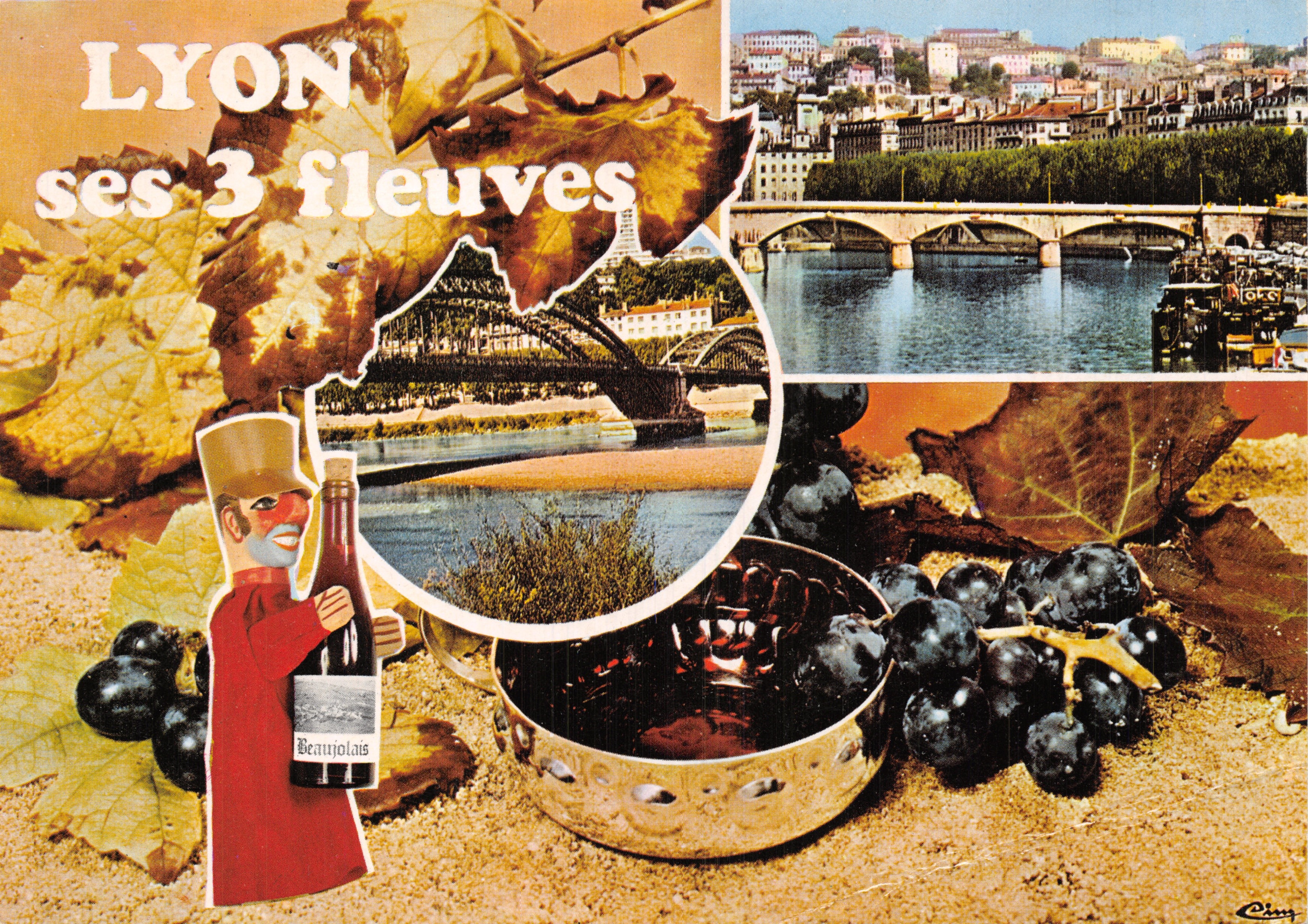 LYON ses 3 fleuves — collage de vignes, fleuves et ponts, éditeur Impressions COMBIER Macon, n° C4 69381-1-2039