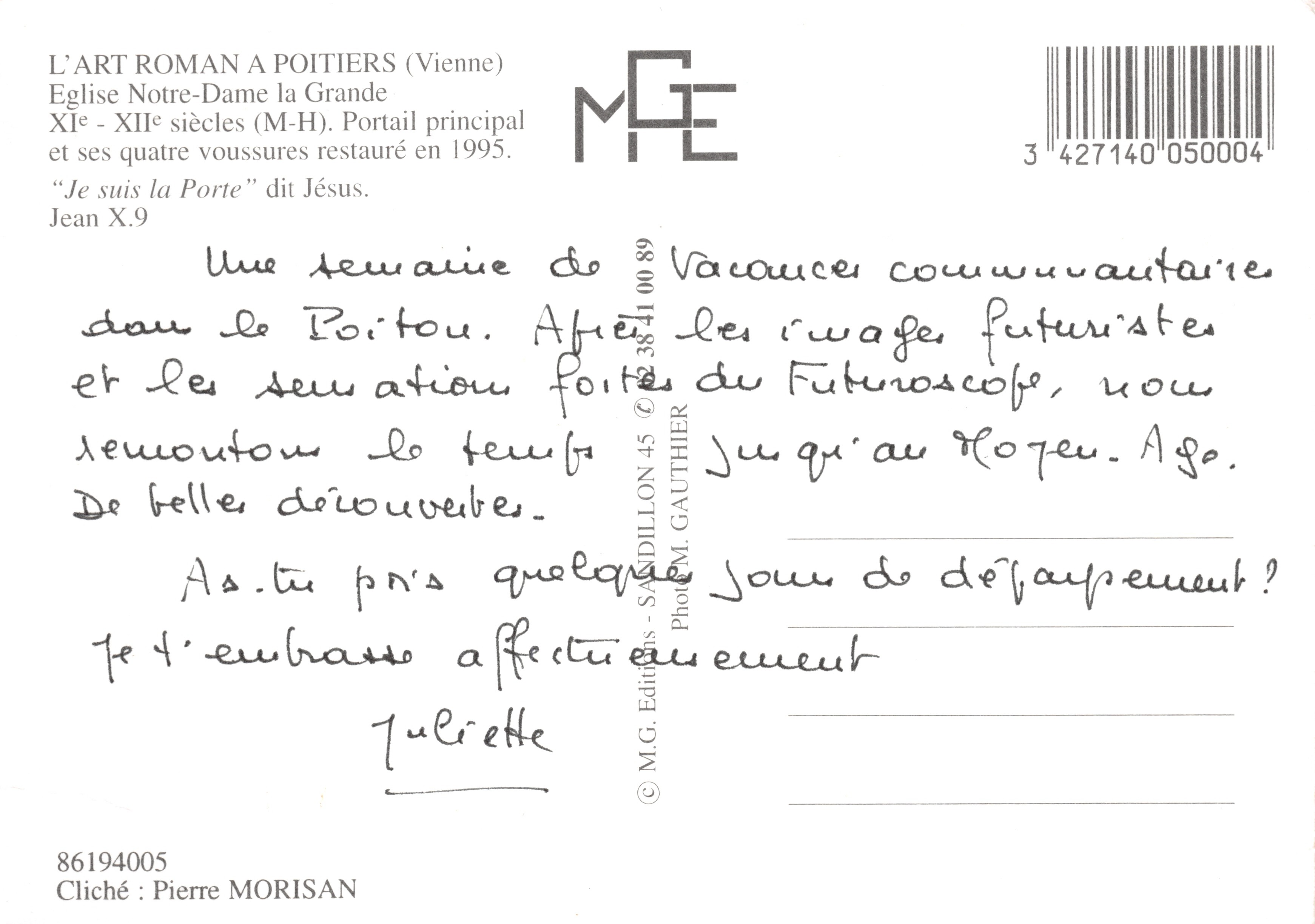 Portal principal de la Iglesia de Notre-Dame la Grande en Poitiers — editor M.G.E. n.º 3 427140 050004 — Reverso