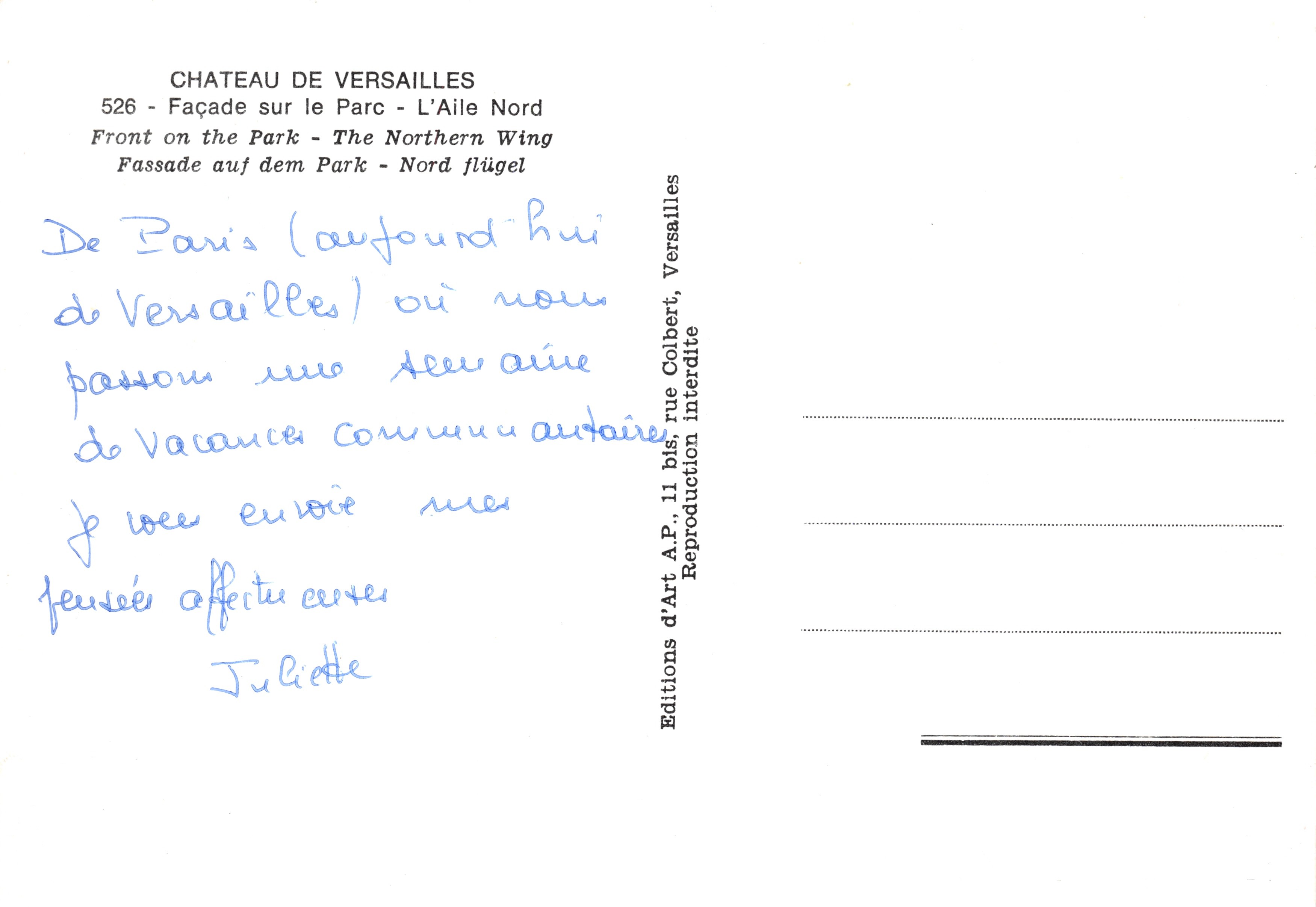 Castillo de Versalles — Fachada hacia el Parque - Ala Norte — Editions d'Art A.P. — Reverso
