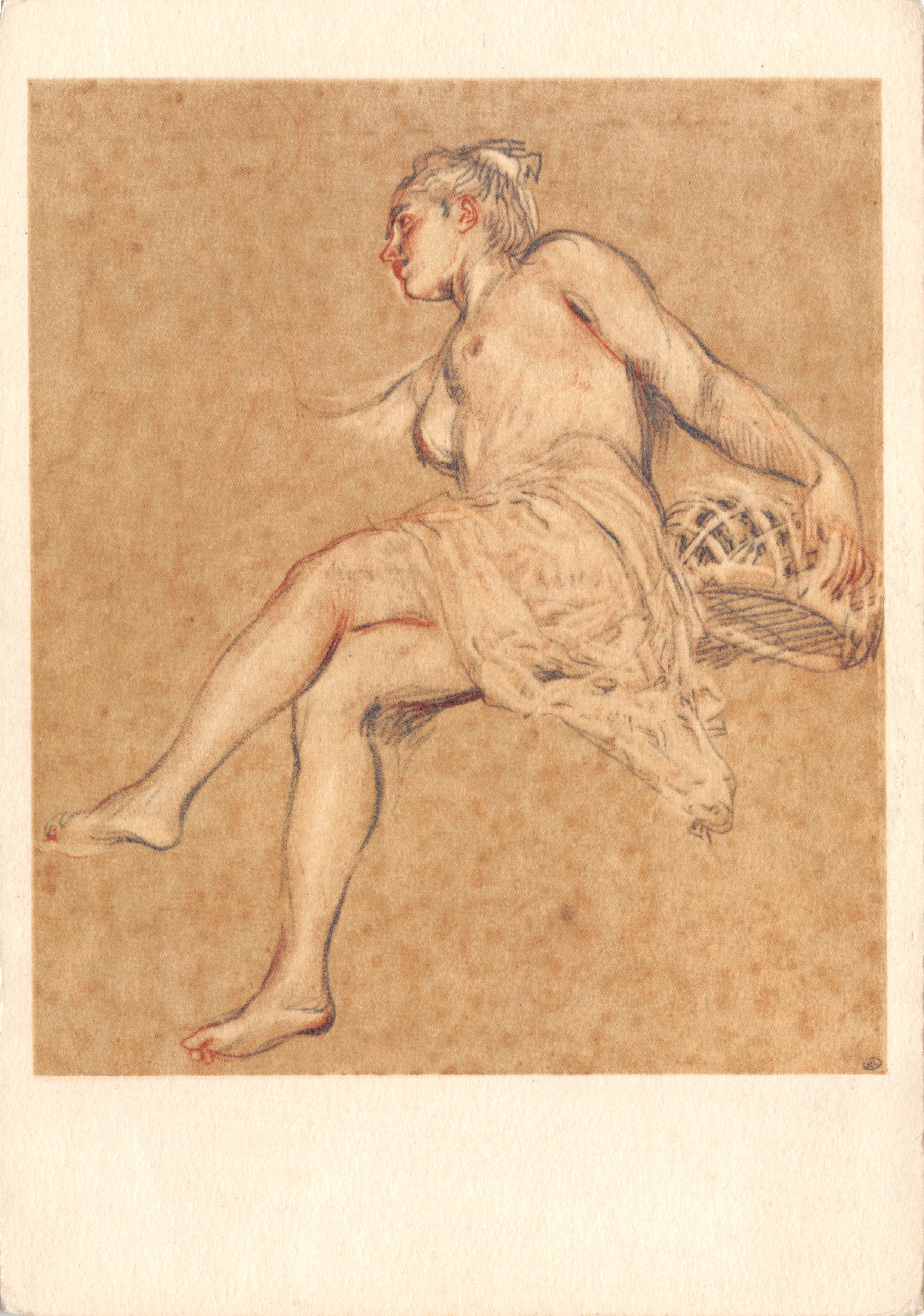 Donna seduta con cesto — riproduzione dell'opera di Watteau — editore Fernand Hazan
