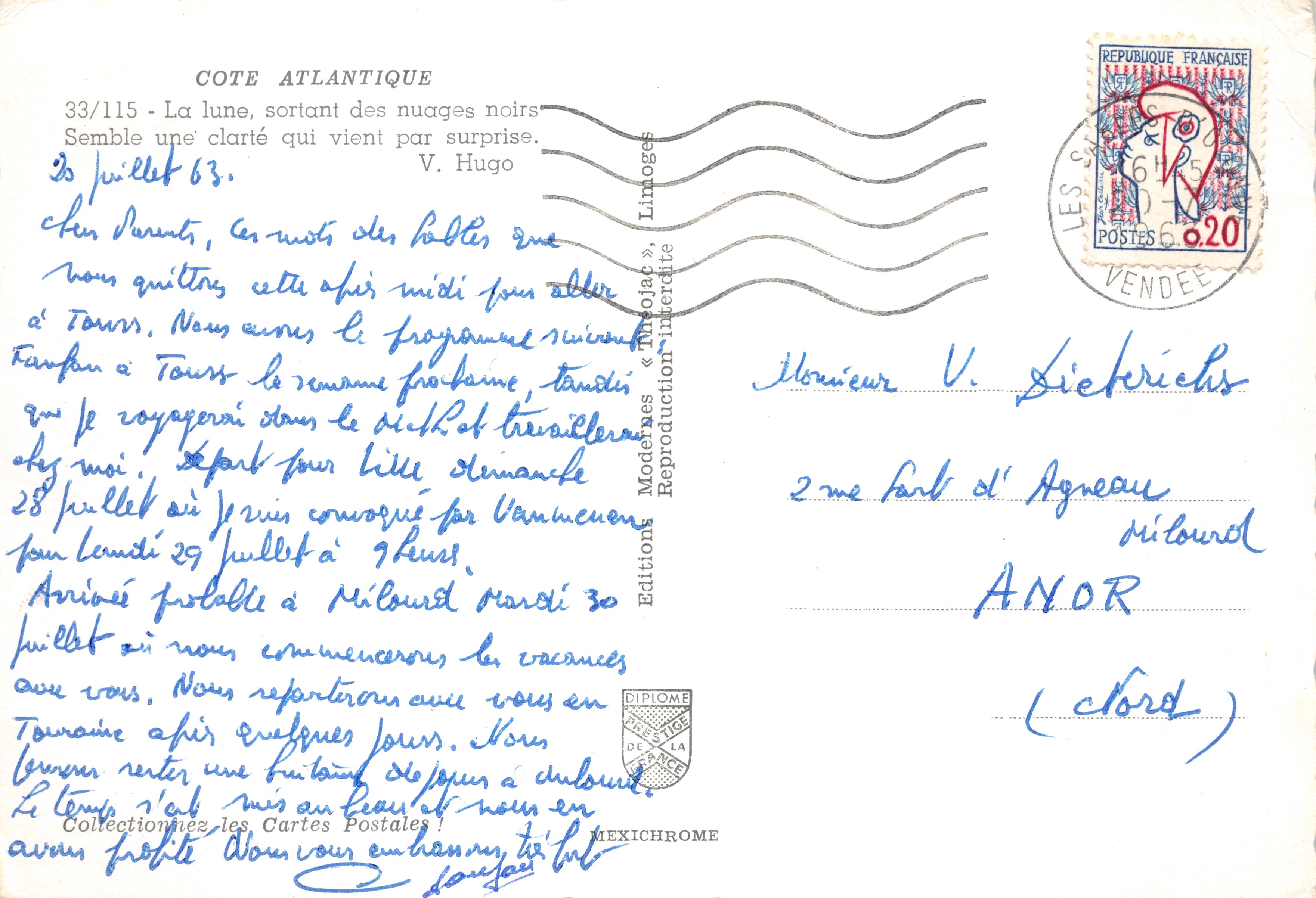 Côte Atlantique — vue de la mer au crépuscule avec un pin et un voilier — Éditions Modernes « Timojar » — Verso