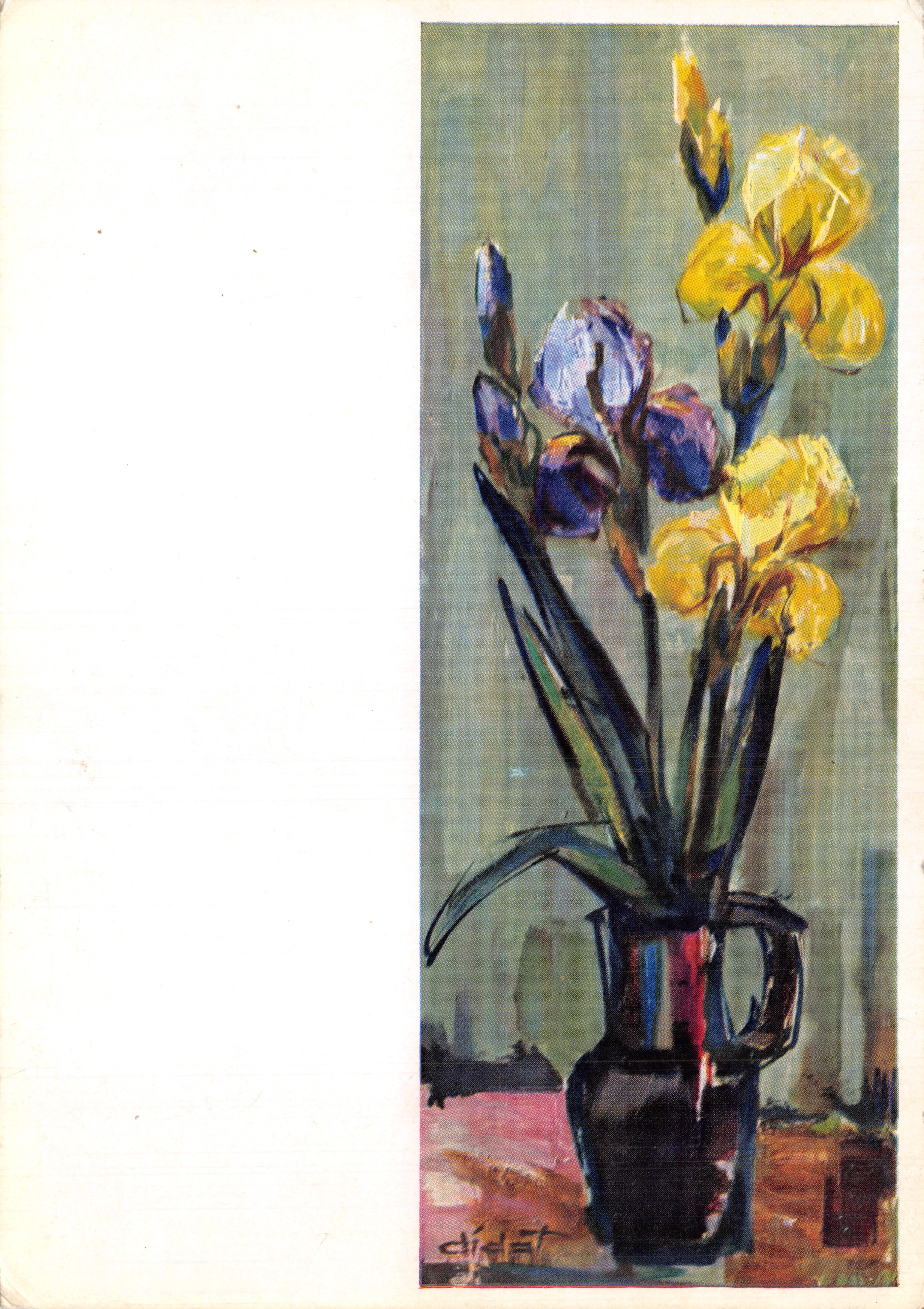 Iris gialli e viola — still life in una vasca — editore DIDOT *1938