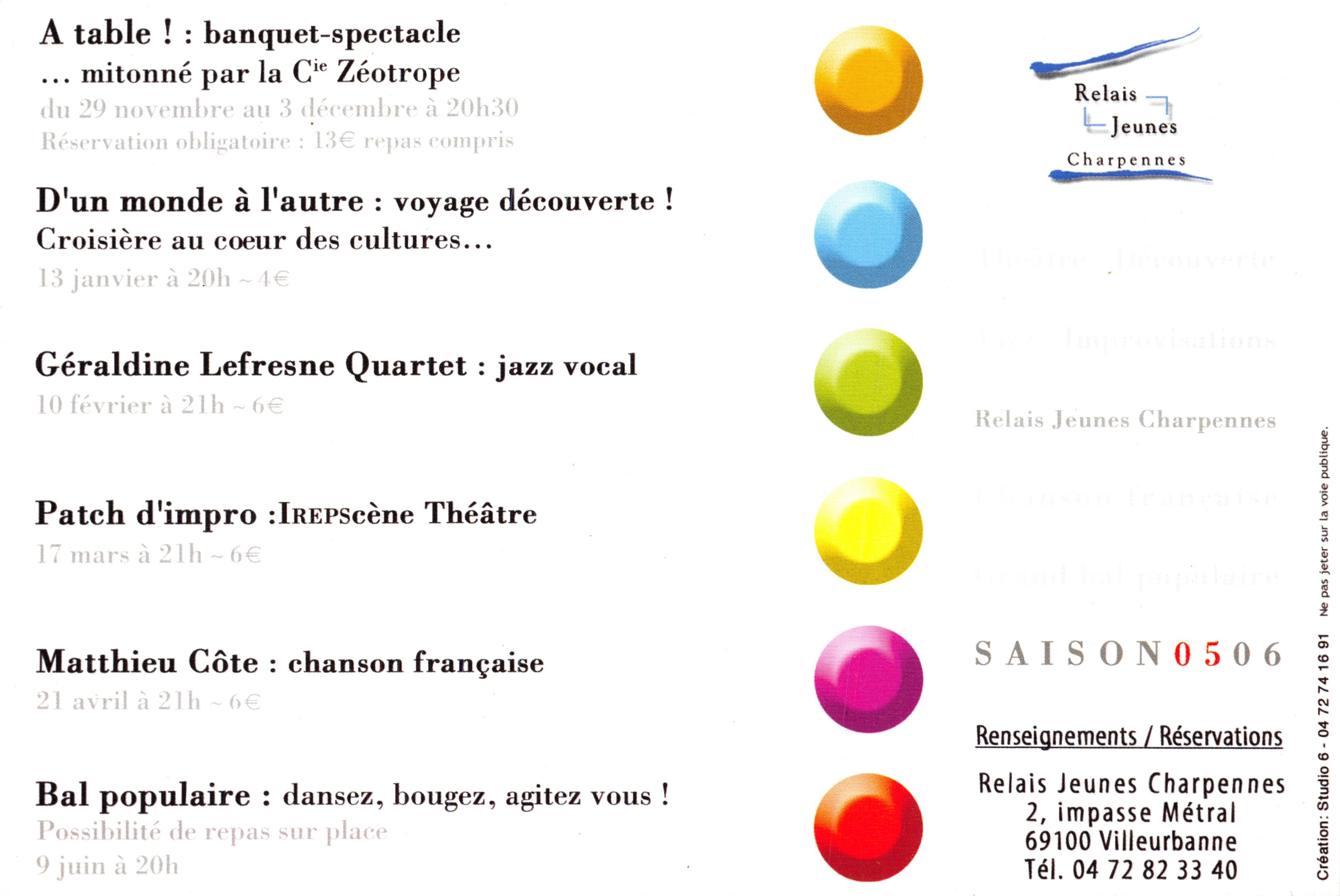 Relais Jeunes Charpennes — Saison 0506 — Programme de spectacles — Achterkant