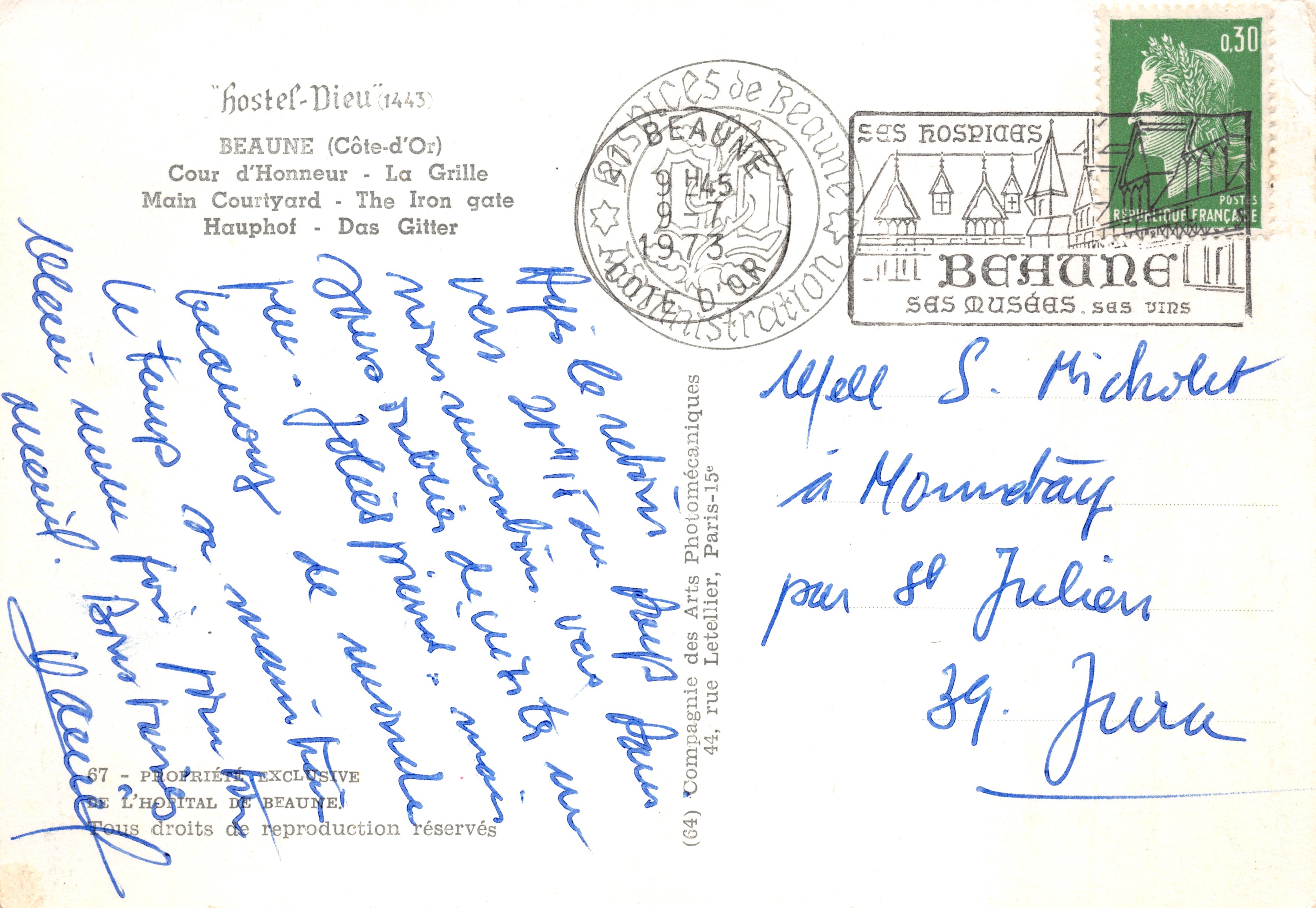 Hôtel-Dieu de Beaune — Cour d'Honneur vue par le portail de fer — éditeur Cap — Verso