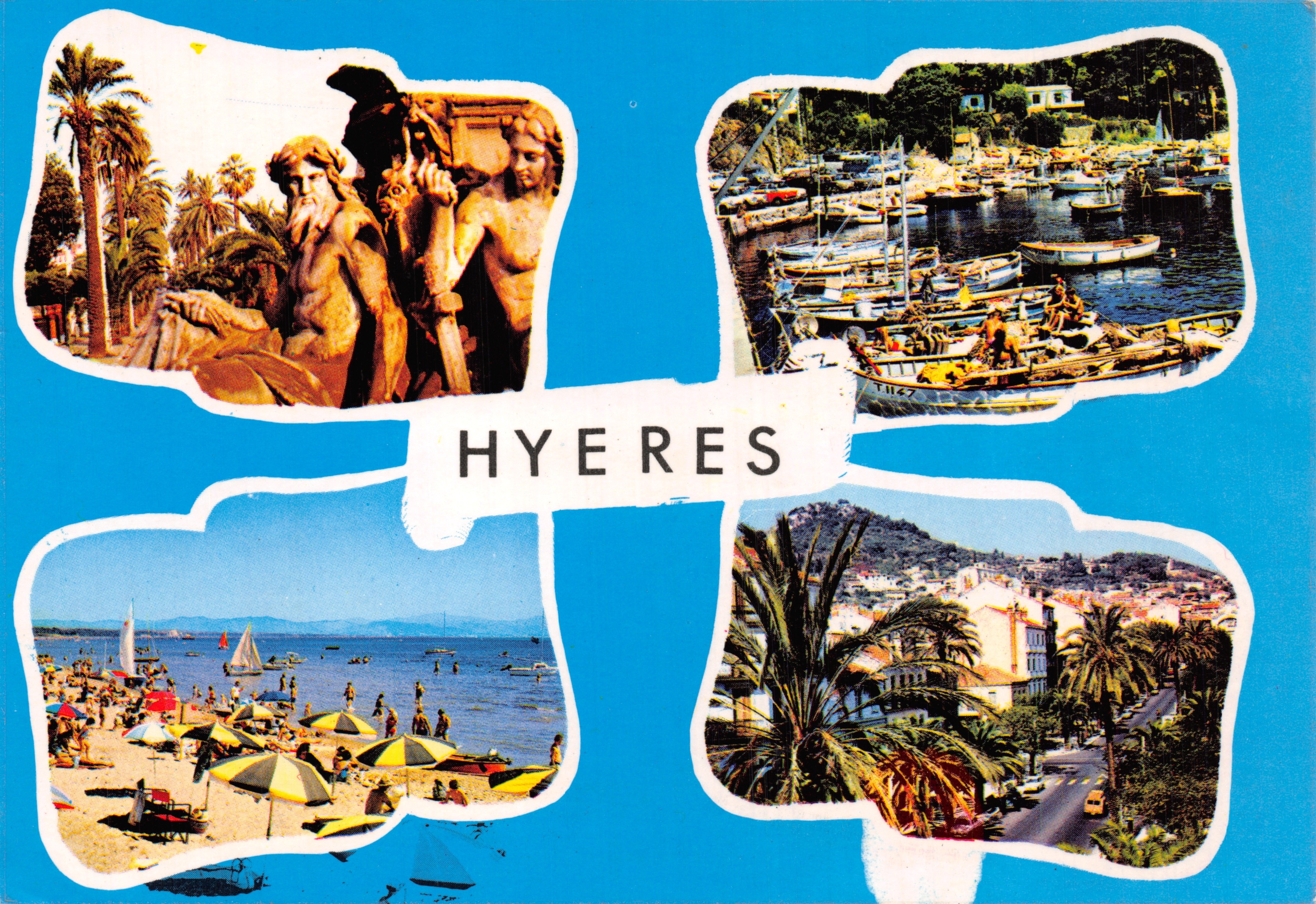 Hyères — vista de la playa, el puerto, las estatuas y la ciudad — editor Bandol