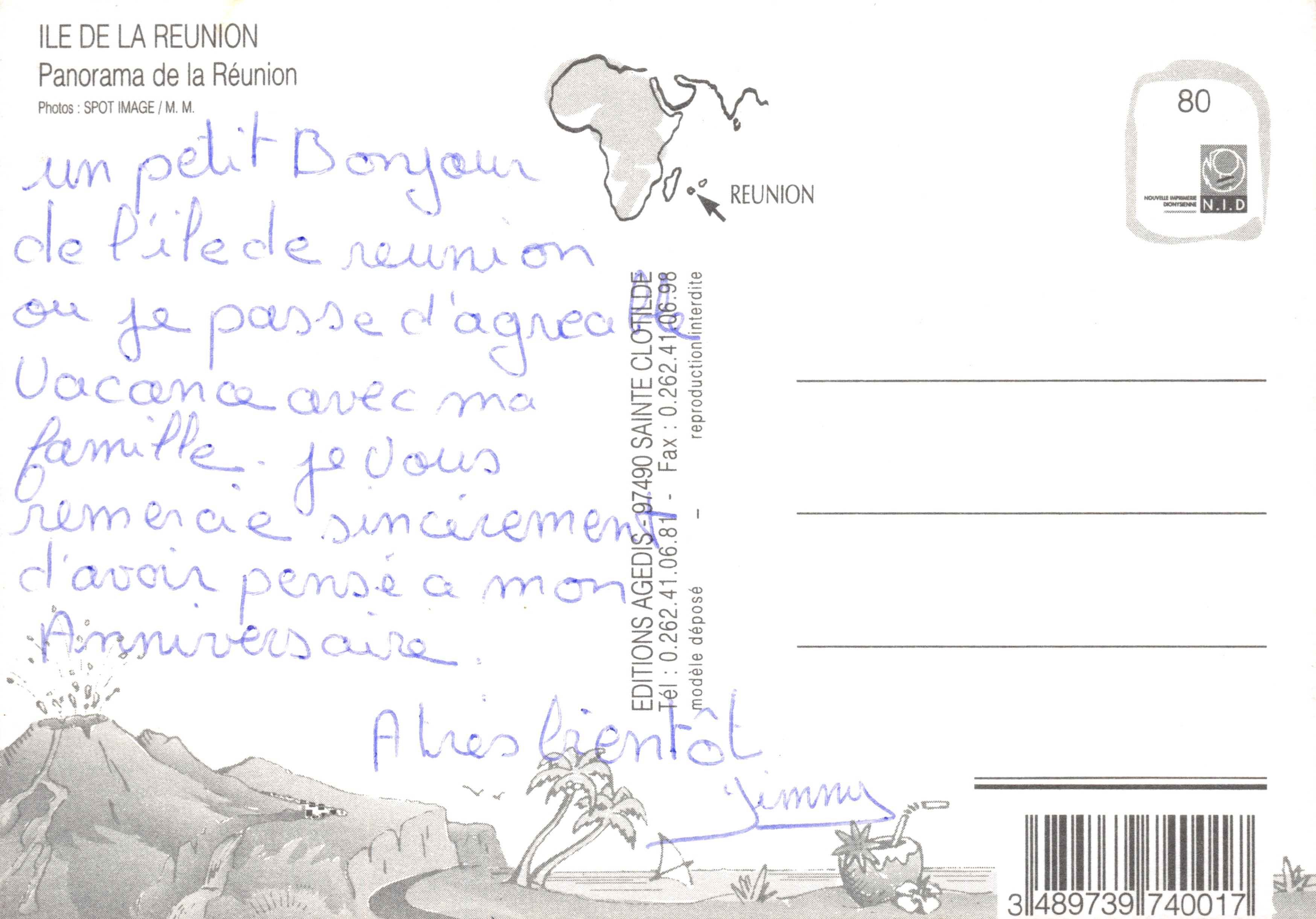 La Réunion — tourist panorama with topographic map — Editions Agedis — Back