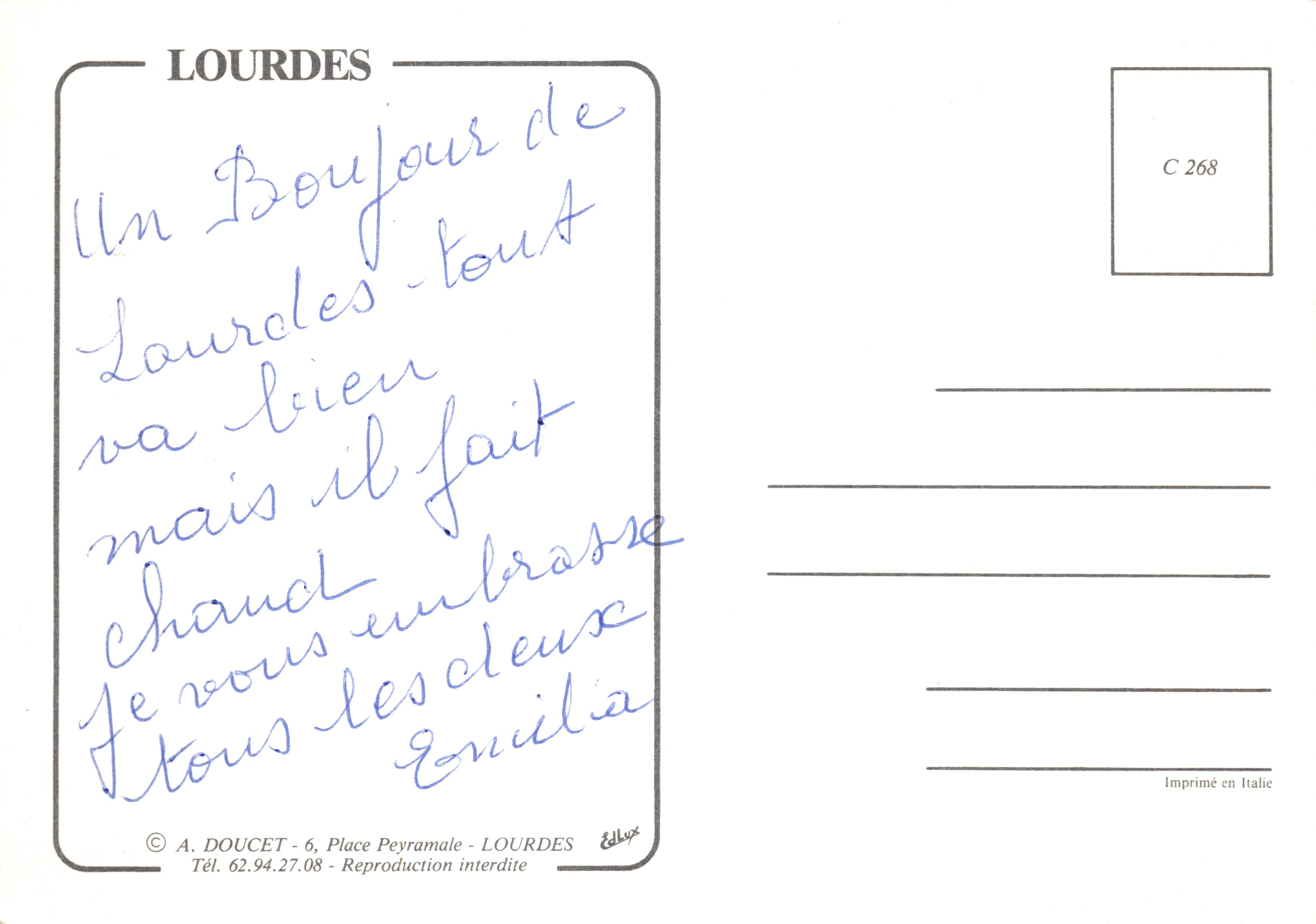 Lourdes — Grotta, Basilica e apparizione — editore A. DOUCET, n. C 268 — Verso