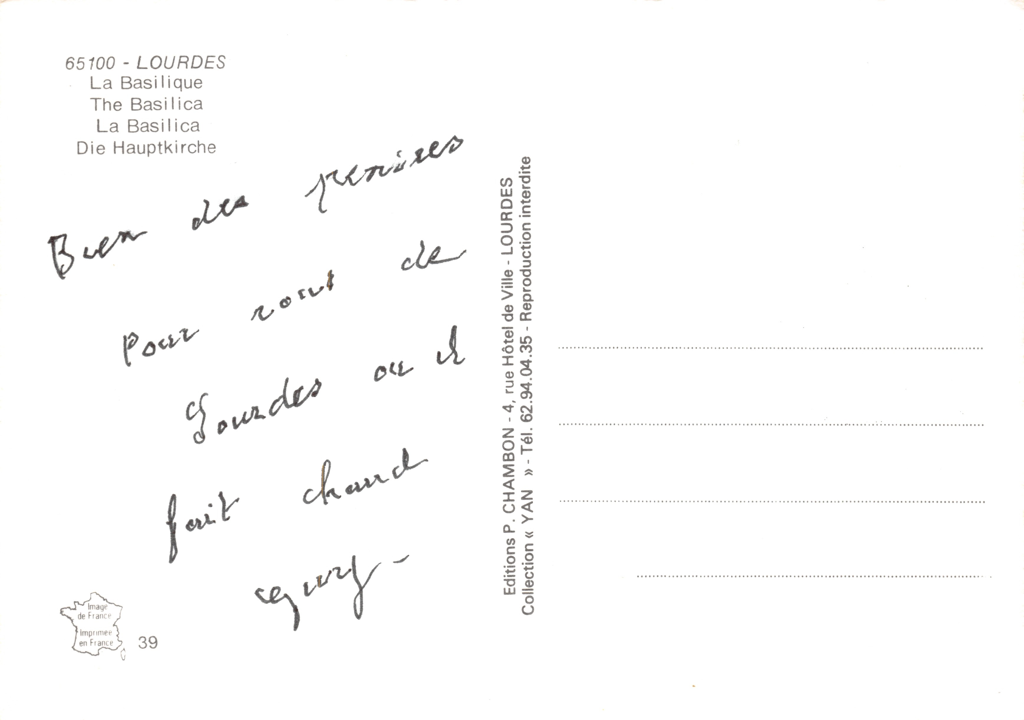 Lourdes — De Basiliek — Éditions P. CHAMBON, Collectie Frankrijk, nr. 39 — Achterkant