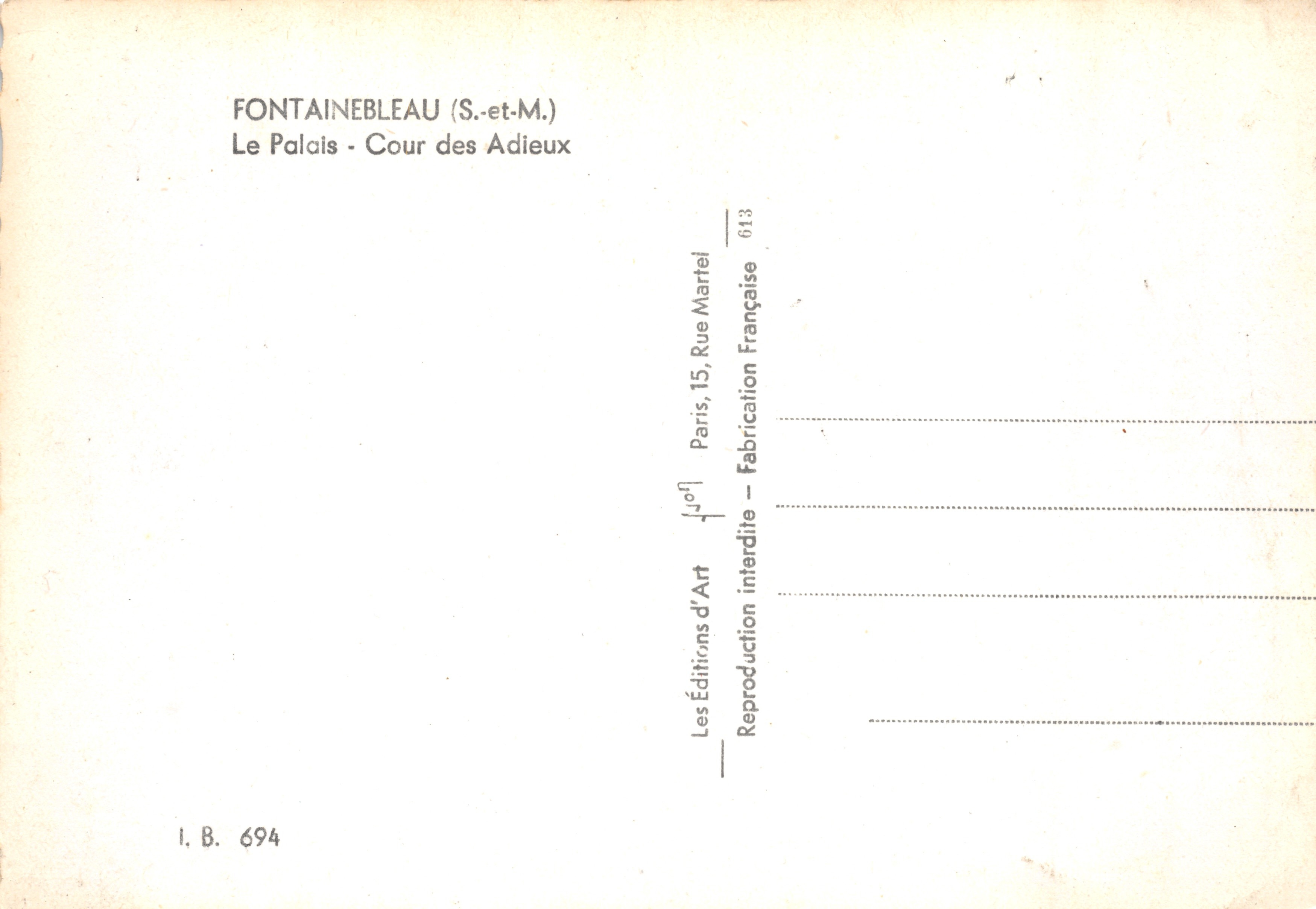 Fontainebleau — Paleis — Cour des Adieux — Editions d'Art — Achterkant