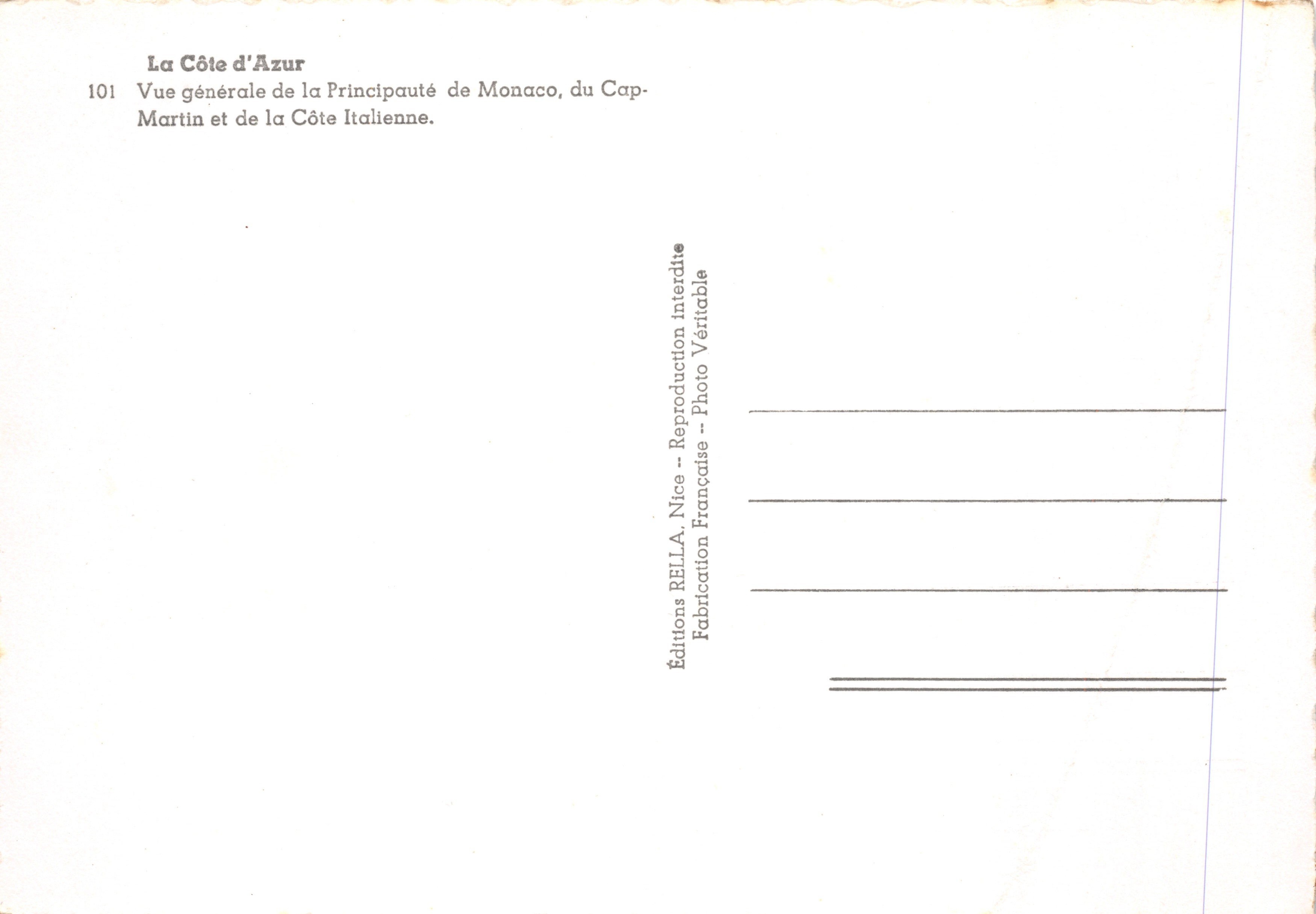 Panoramica generale del Principato di Monaco, Cap-Martin e la Riviera italiana — Éditions Rella, Nice — Verso