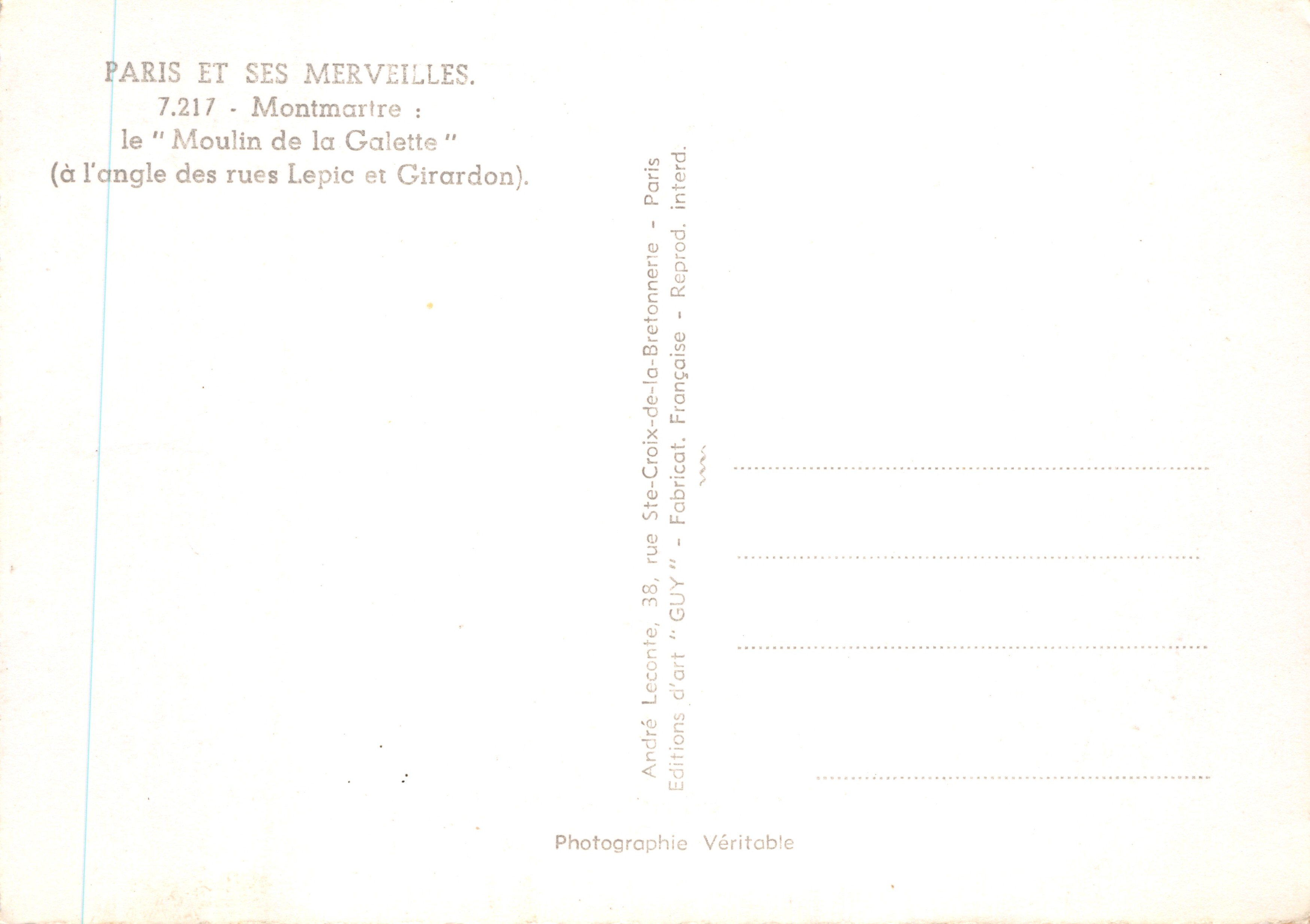 Montmartre — le Moulin de la Galette à l'angle des rues Lepic et Girardon — éditeur GUY — Achterkant