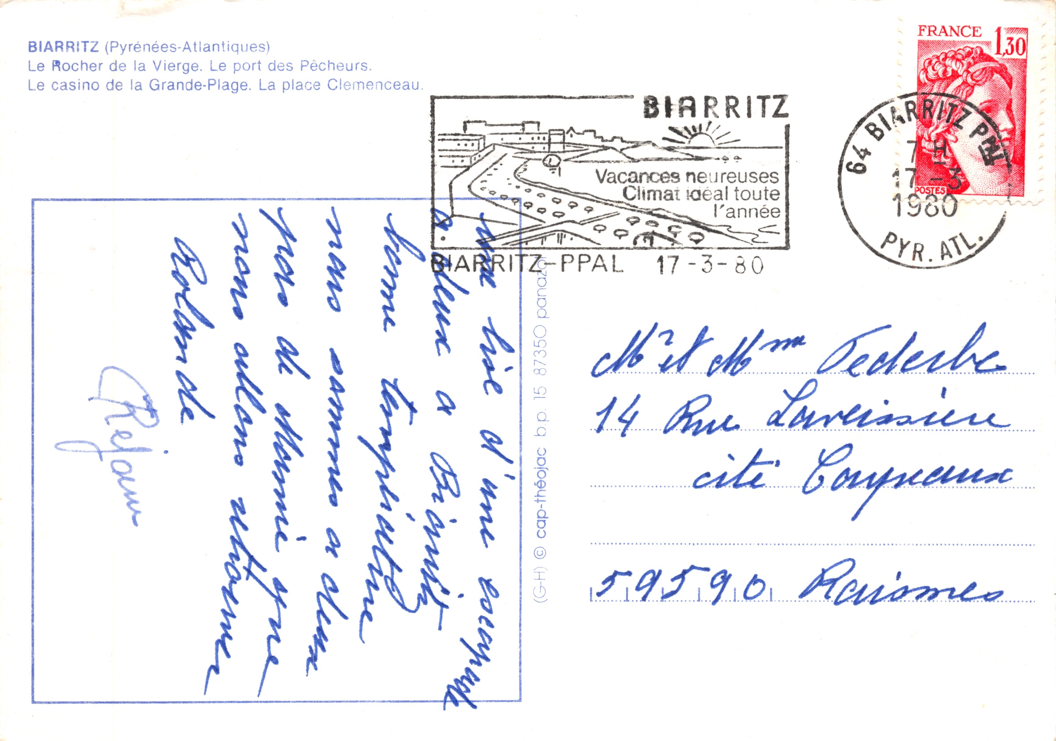 Biarritz — Rocher de la Vierge, Port des pêcheurs, Casino de la Grande Plage, Place Clémenceau — éditeur (G-H) © cap-théâlac b.p. 15 87350 pénal — Verso