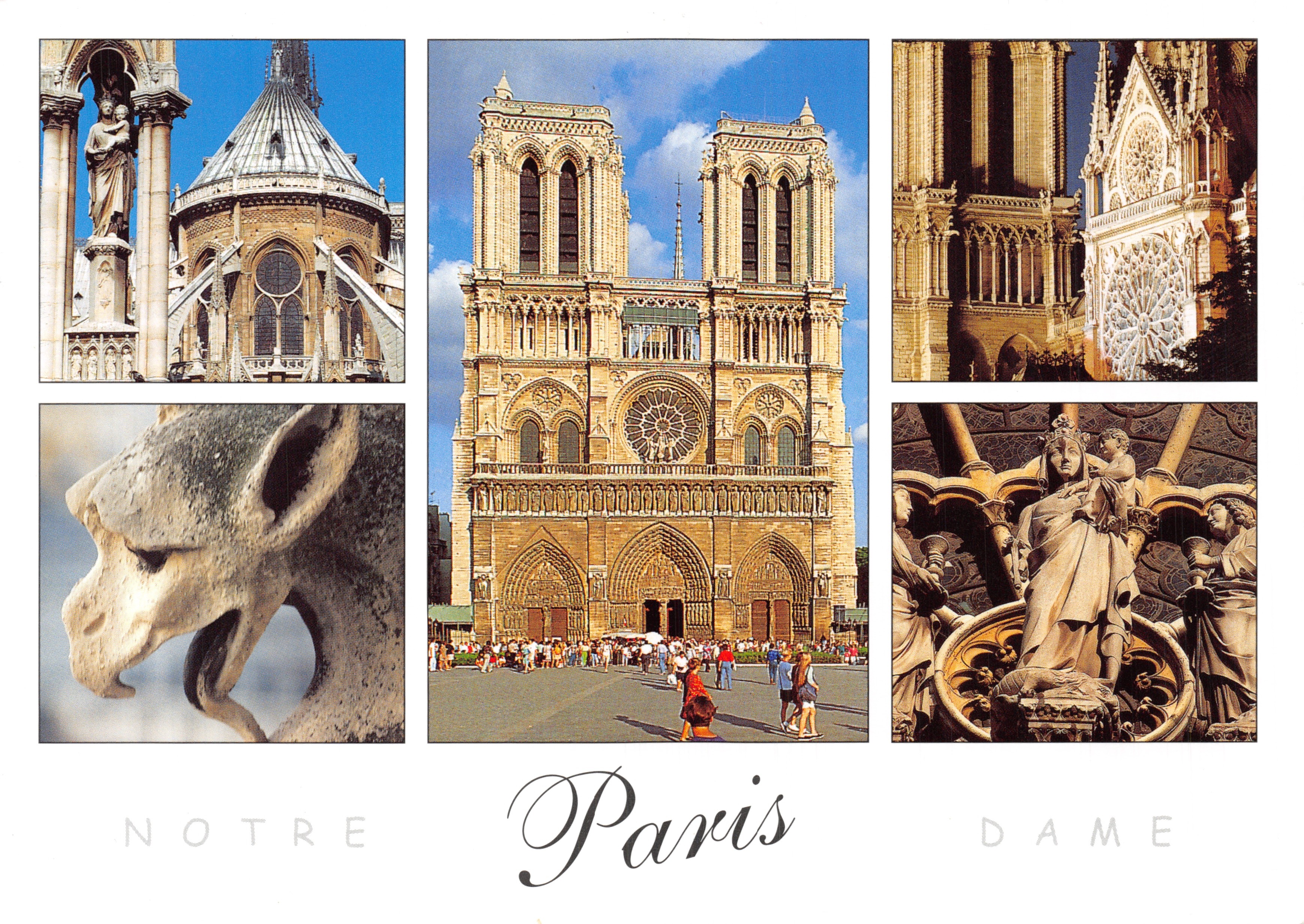 Notre-Dame de Paris — vue composite de la façade, du clocher, de la rosace et des gargouilles — éditeur OVET