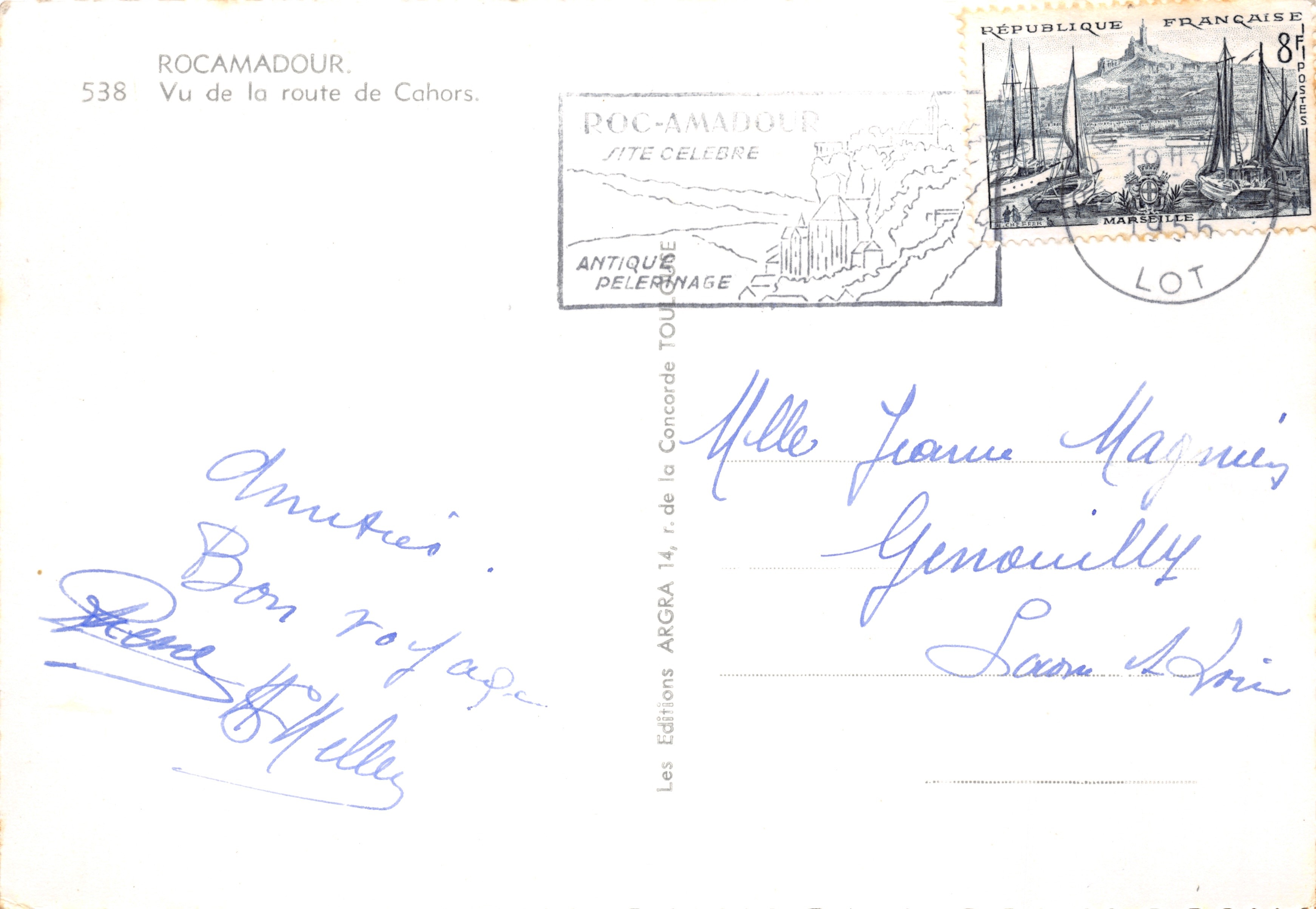 Rocamadour — view from the Cahors road — publisher ARGRA, no. 538 — Back