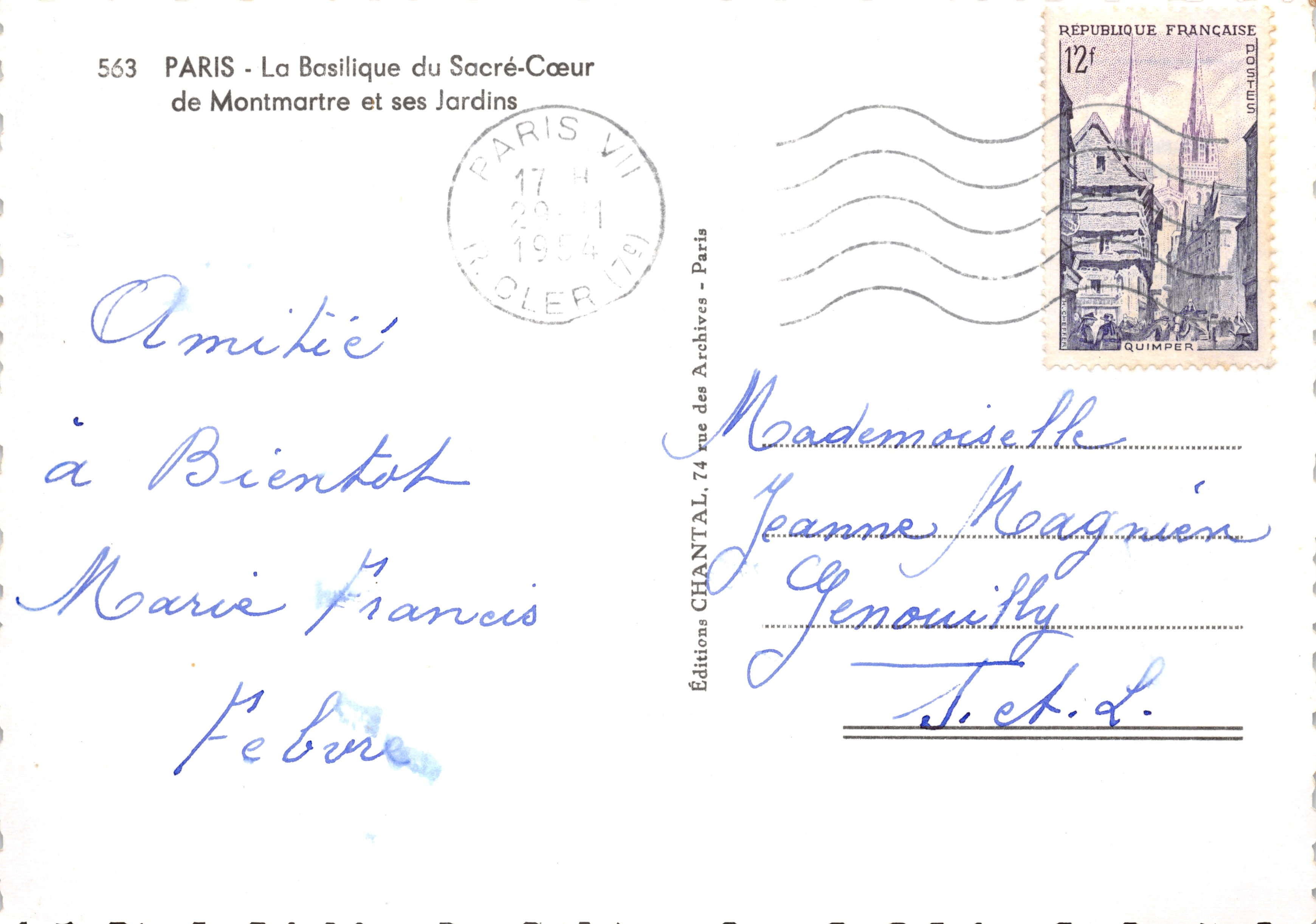 Sacré-Cœur de Montmartre — vista panorámica con escaleras y jardines — editor Chantal, n.º 563 — Reverso
