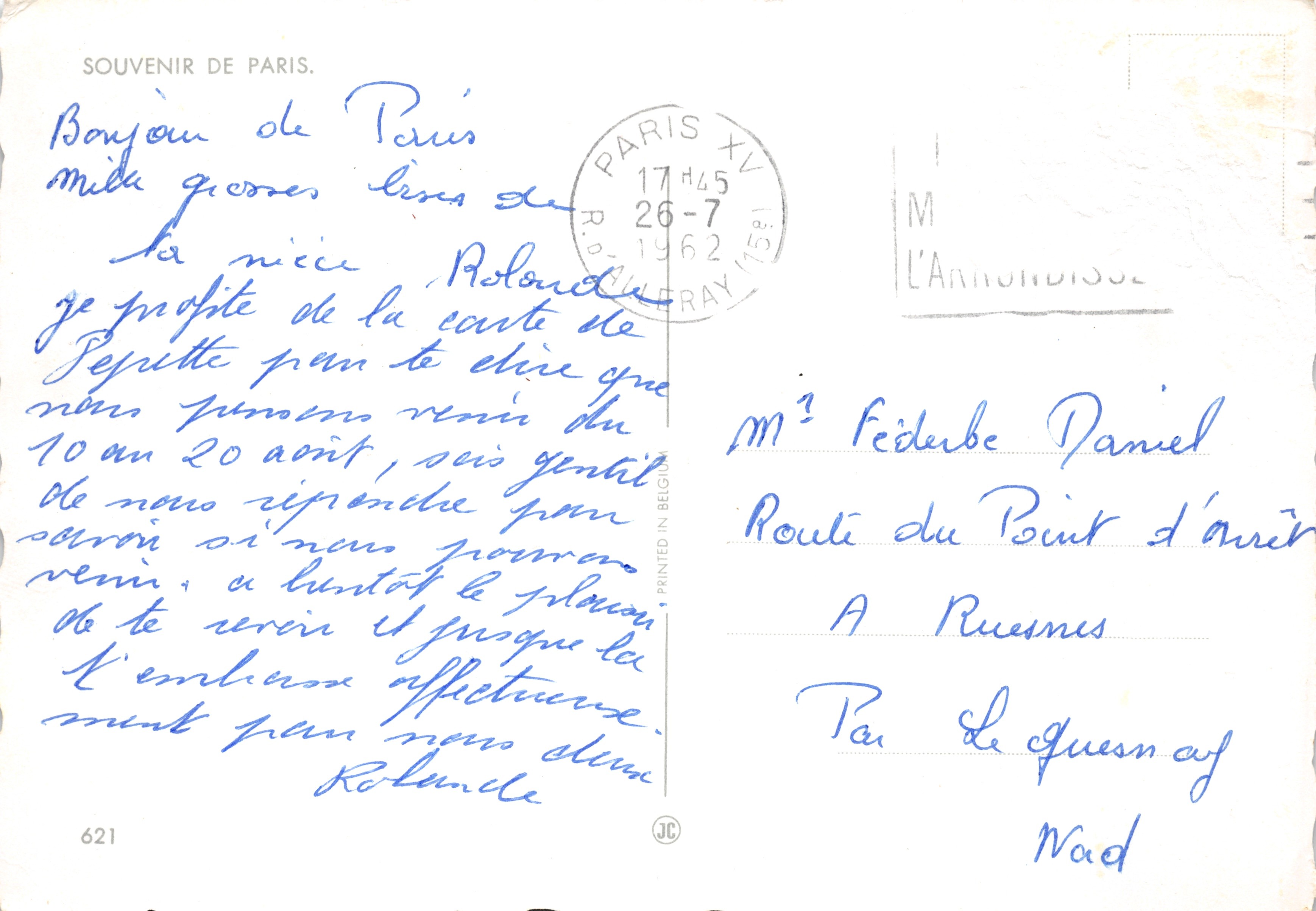 Parigi — Notre-Dame, Seine, Arc de Triomphe, Sacré-Cœur — editore sconosciuto, n. 621 — Verso