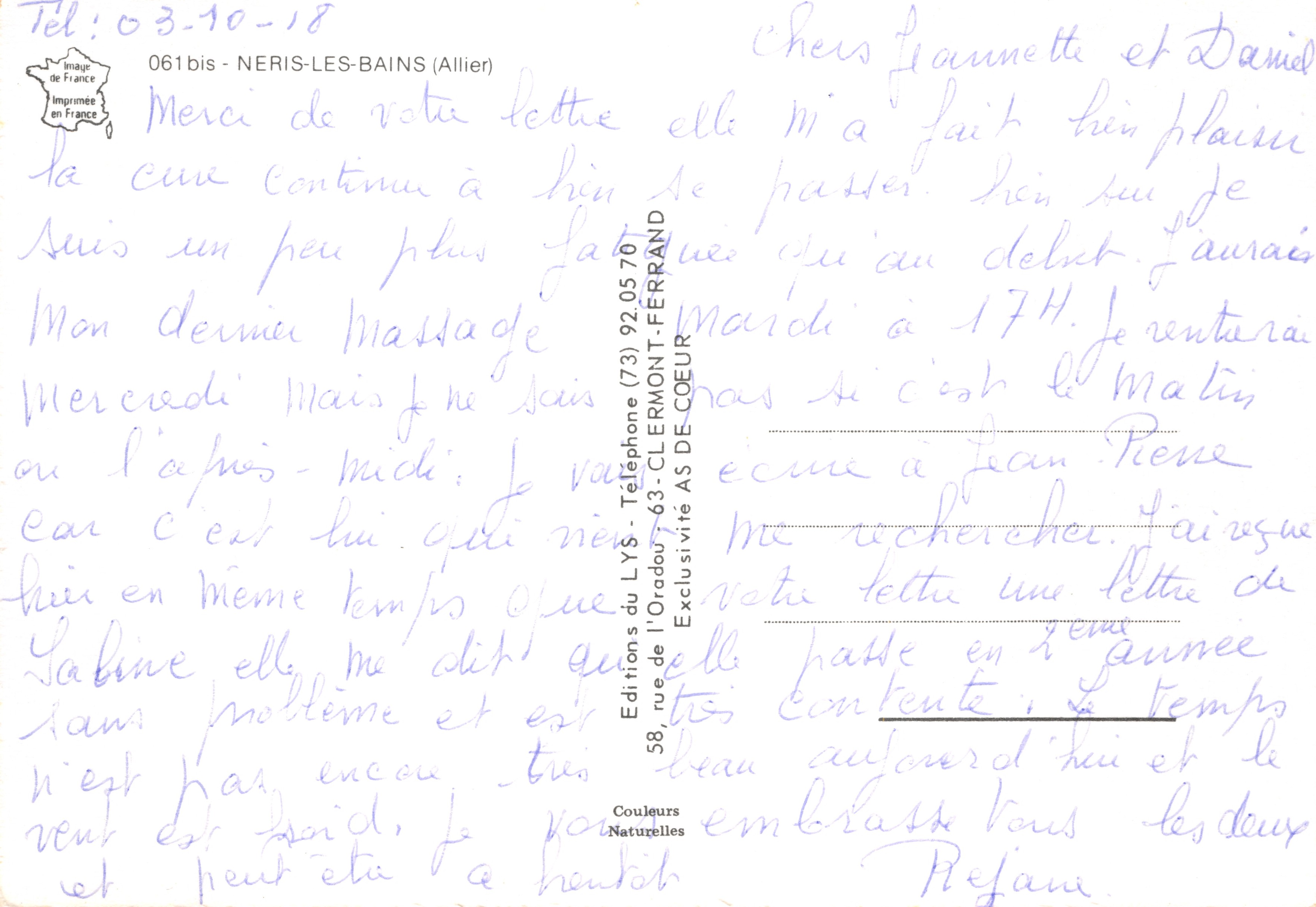 Neris-les-Bains — vista del ayuntamiento, fuente y parque — Éditions LYS — Reverso