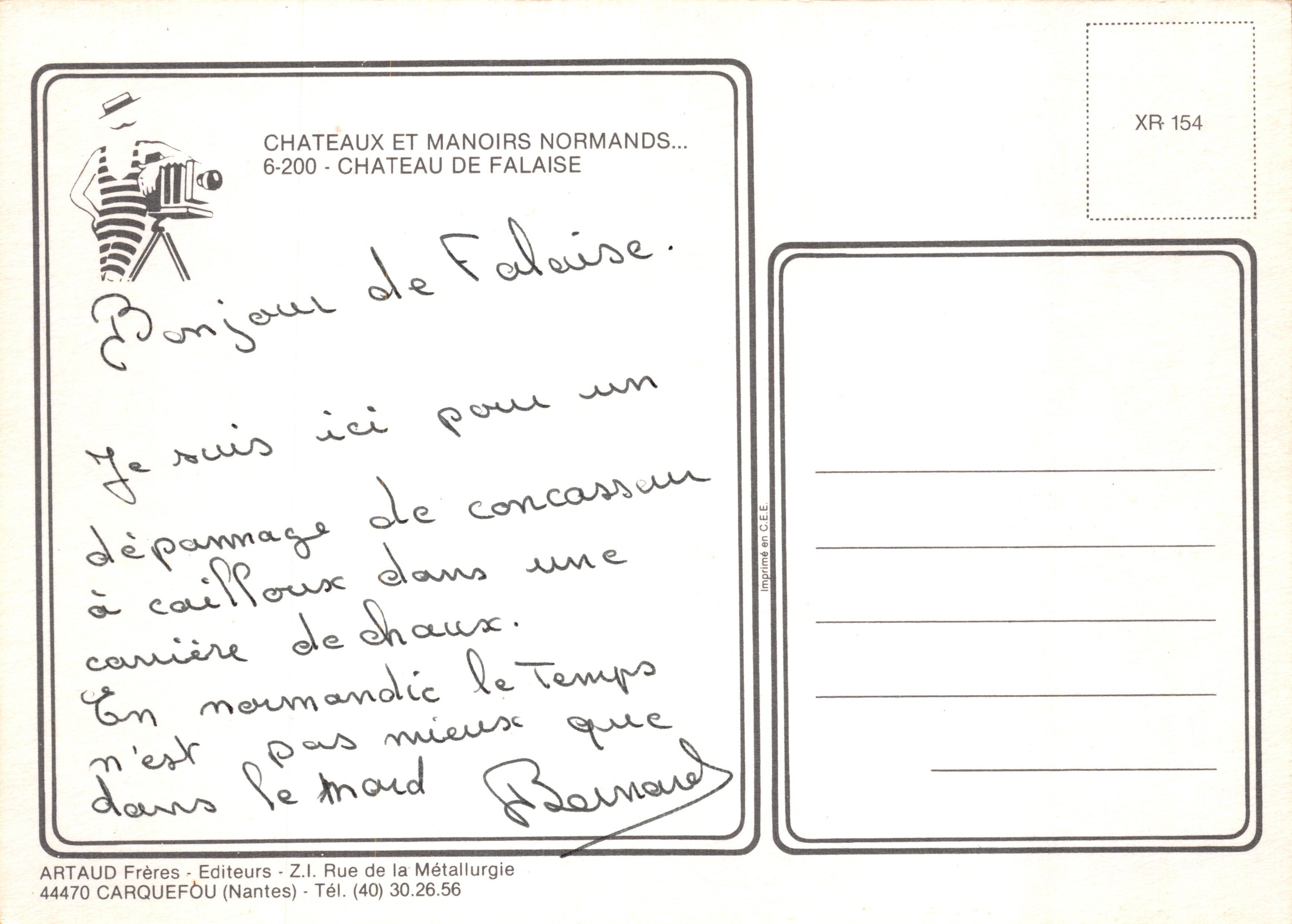 Castillo de Falaise — ruinas sobre un promontorio rocoso — editorial ARTAUD Frères, n.º XR 154 — Reverso