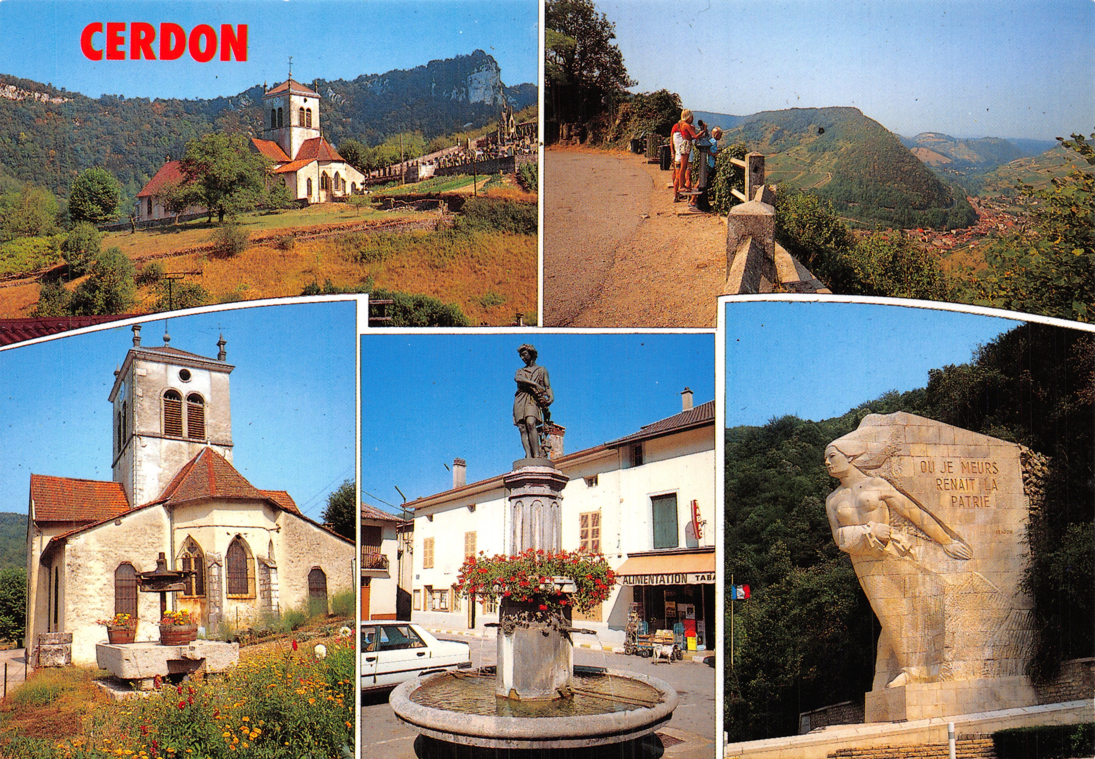 Cerdon — vista della chiesa, del monumento ai caduti e della statua della patria — Edizioni CELLARD