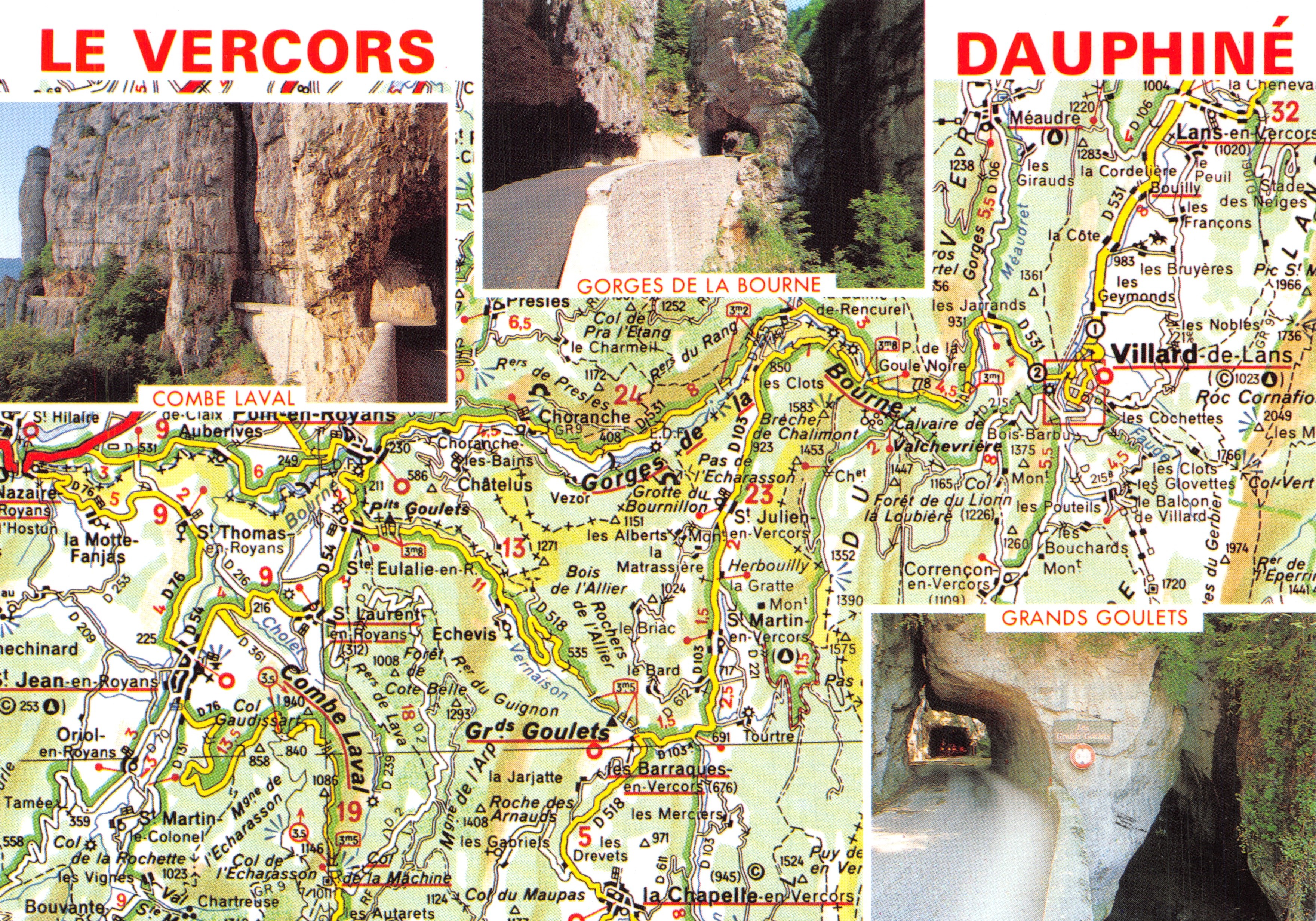 Il Vercors — Dauphiné — Mappa turistica con mappa topografica e foto di gole e caverne