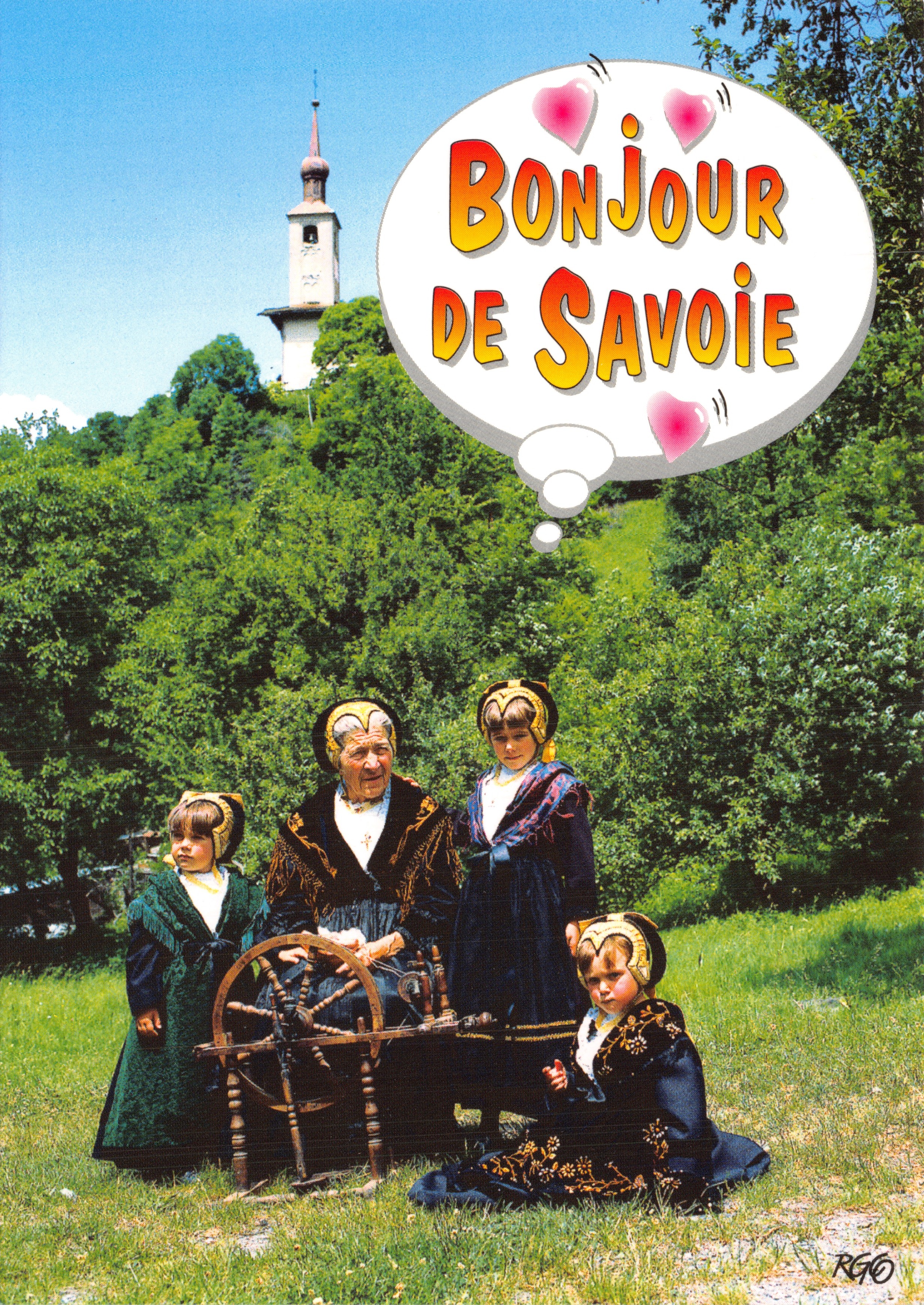 Famille en costume savoyard — scène de campagne avec roue à filer — éditeur RGO, n° 120