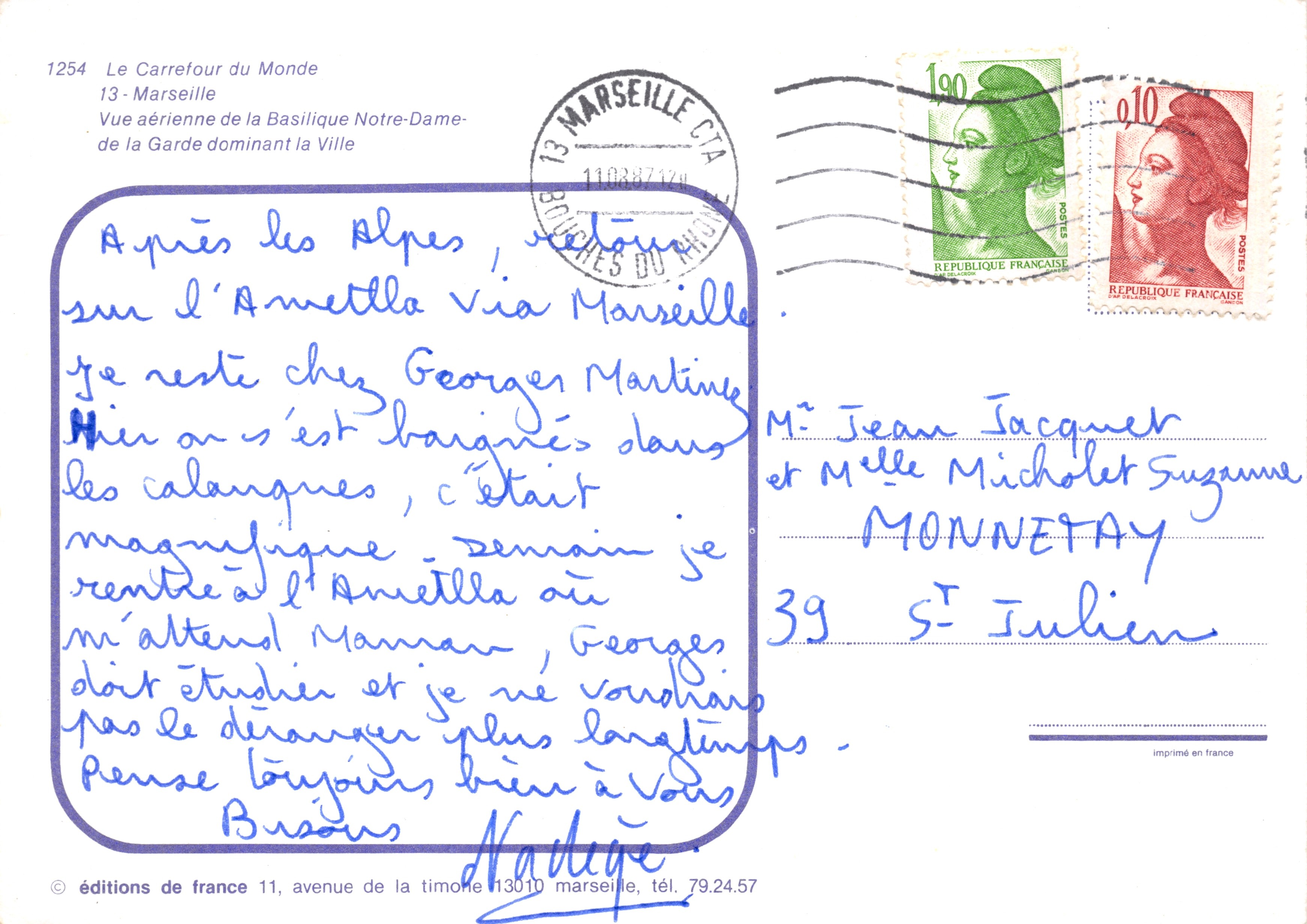 Vista aérea de la Basílica Notre-Dame-de-la-Garde dominando la ciudad — editions de france, n°1254 — Reverso