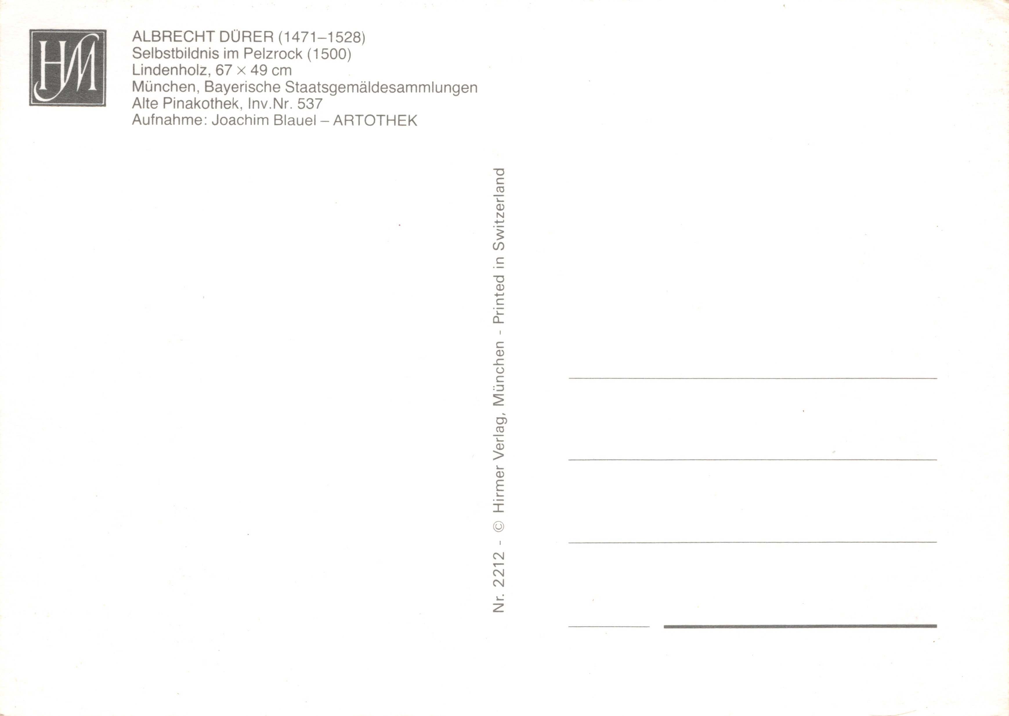 Albrecht Dürer — Autoritratto in pelliccia — Hirmer Verlag, n. 2212 — Verso