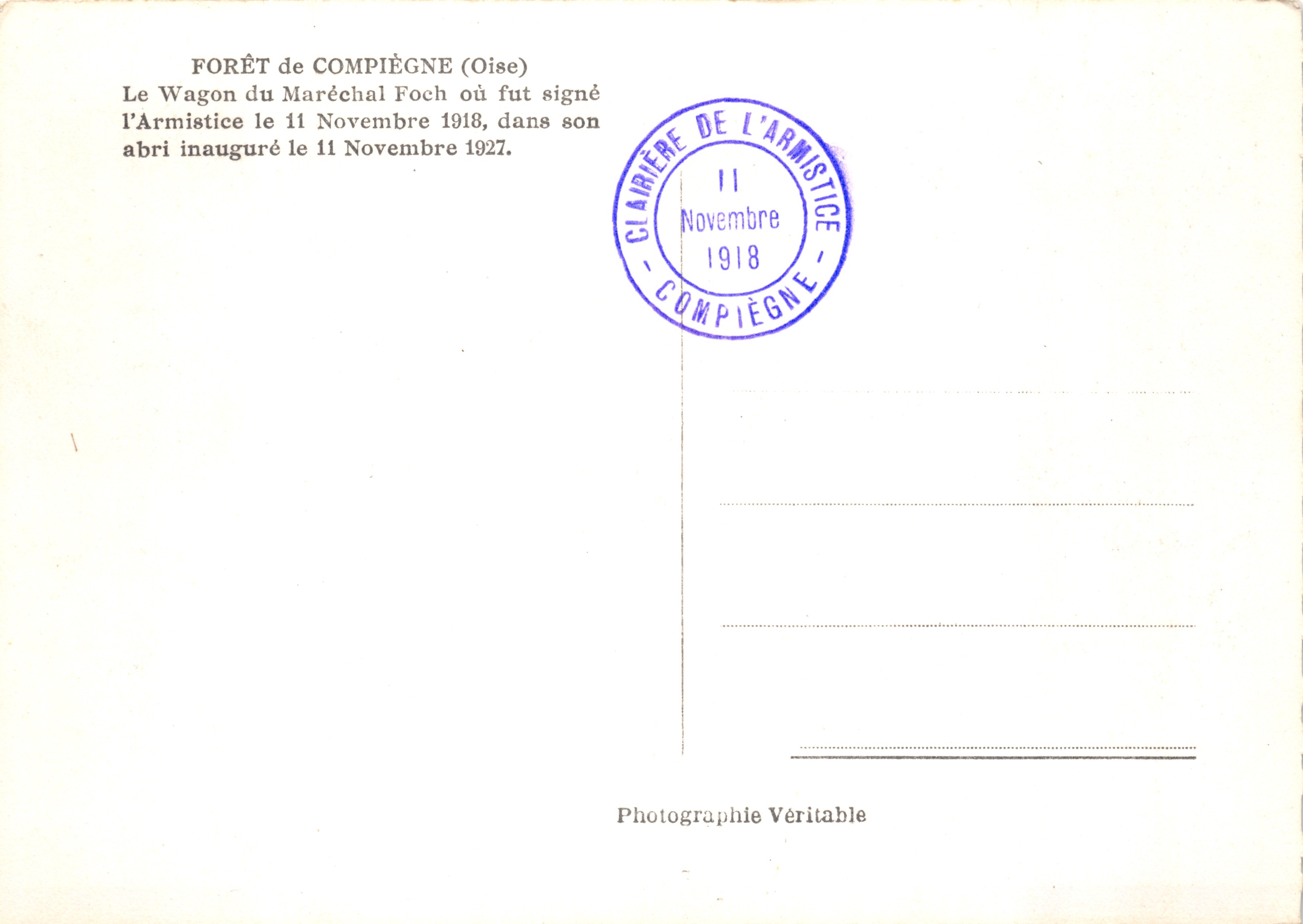 Wagon du Maréchal Foch — abri de signature de l'Armistice — Photographie Véritable — Verso