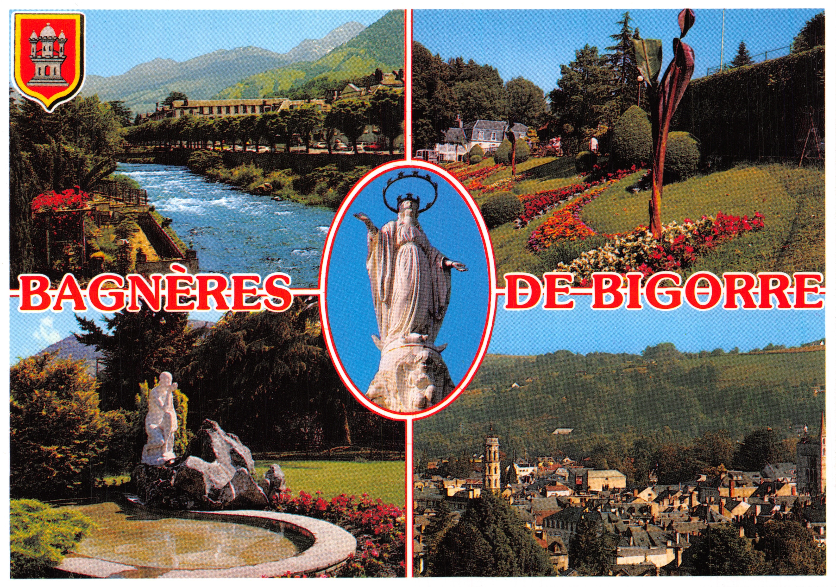 Bagnères-de-Bigorre — Panoramablick mit Statue der Jungfrau und Blumen — Édition A. DOUCET