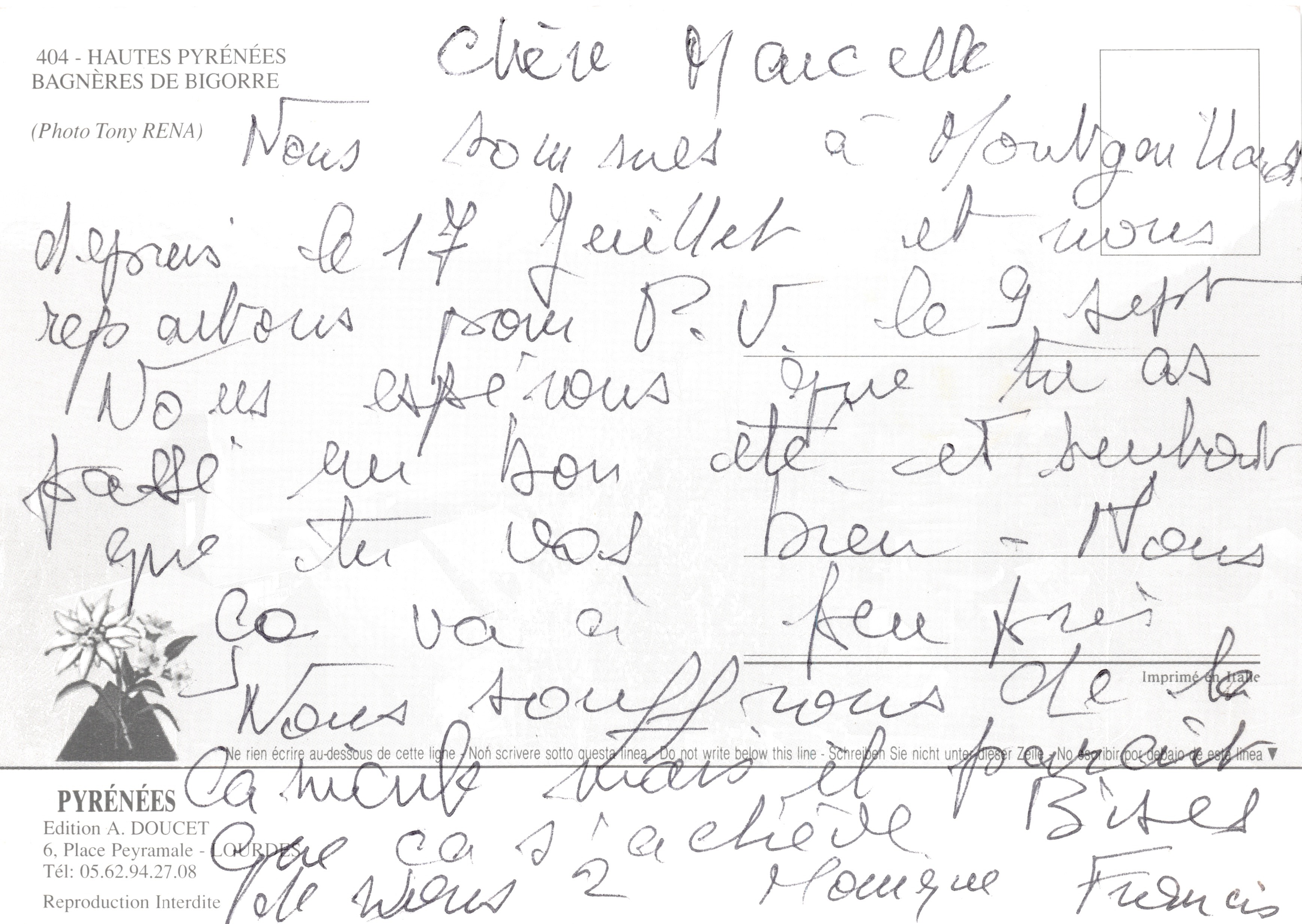 Bagnères-de-Bigorre — Panoramablick mit Statue der Jungfrau und Blumen — Édition A. DOUCET — Rückseite