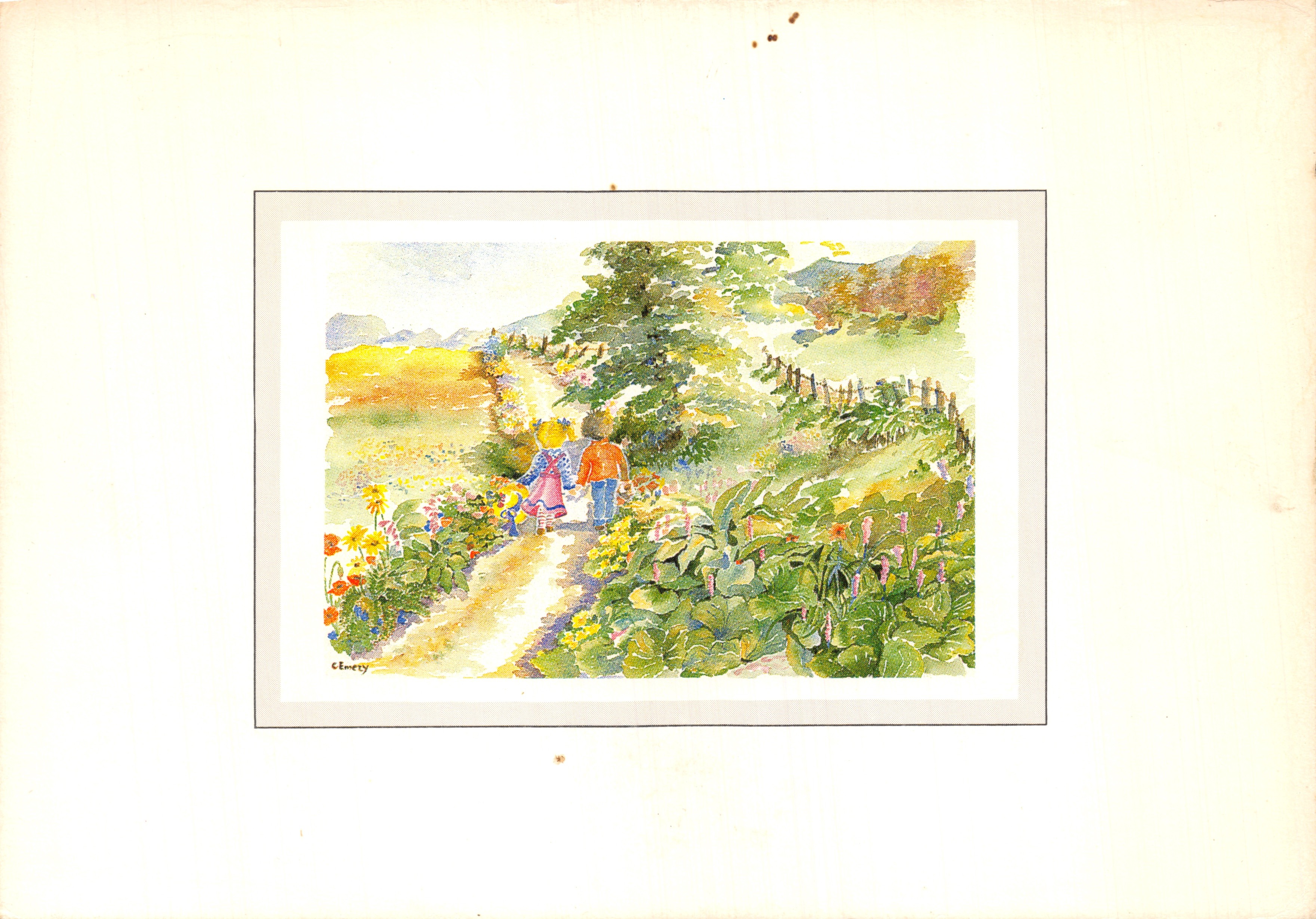 Deux enfants marchant dans un chemin rural — aquarelle de C. Emery — édition Septim