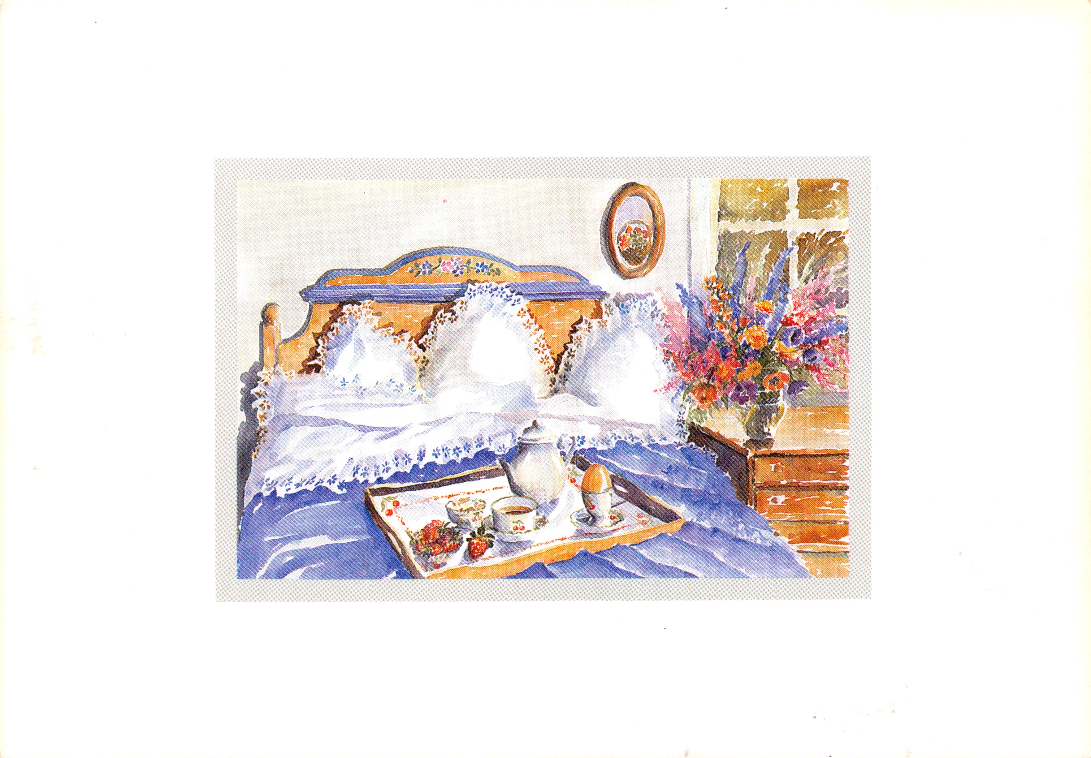 Schlafzimmer — Frühstücksszene auf einem Bett — Aquarell von C. Emery, veröffentlicht von Seppim