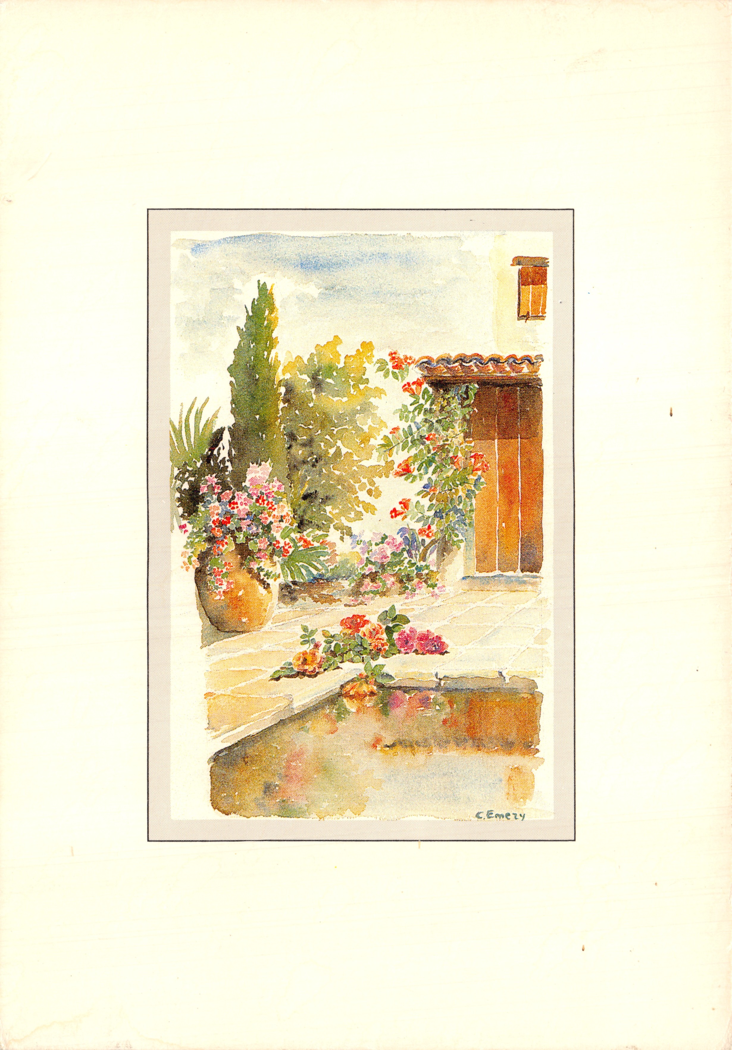 Giardino mediterraneo — vista di un patio con vaso di fiori e porta in legno — editore Seppim edition