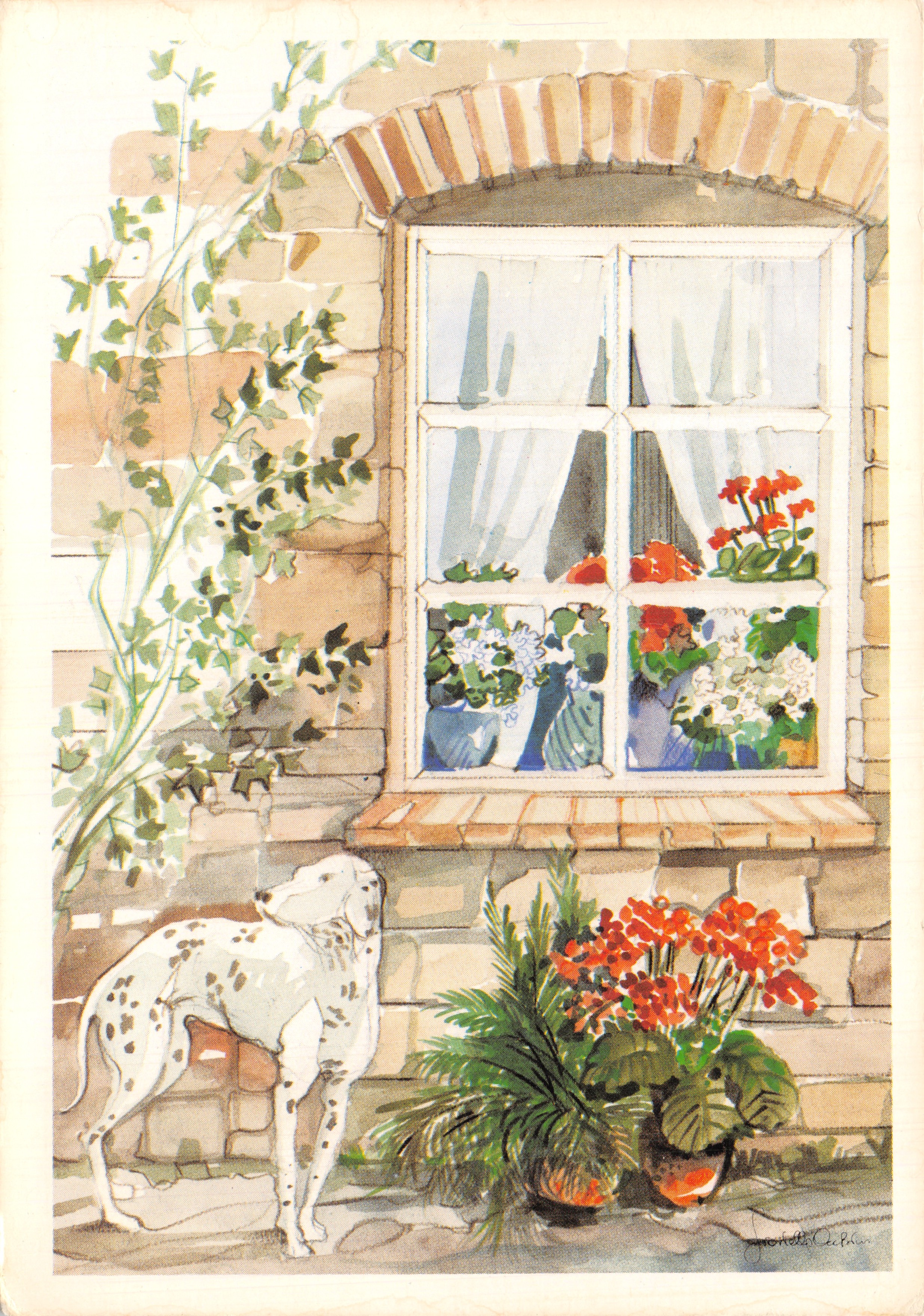Hond voor een venster — tuinbeeld met bloemen — uitgever Top Art voor (Q) Edite Cap Theojac