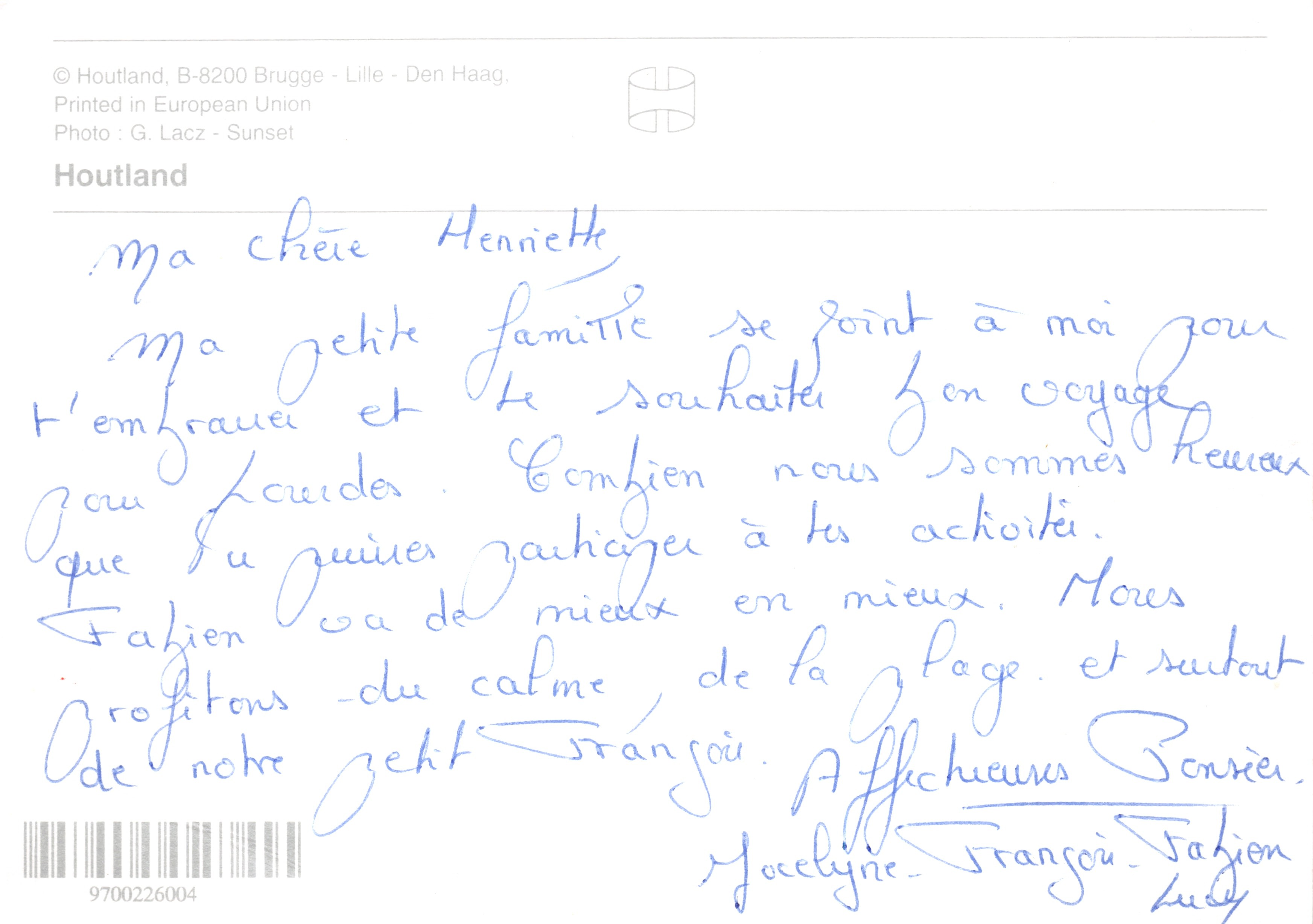 Drie West Highland White Terriers — op boomstam — Houtland, B-8200 Brugge - Lille - Den Haag — Achterkant