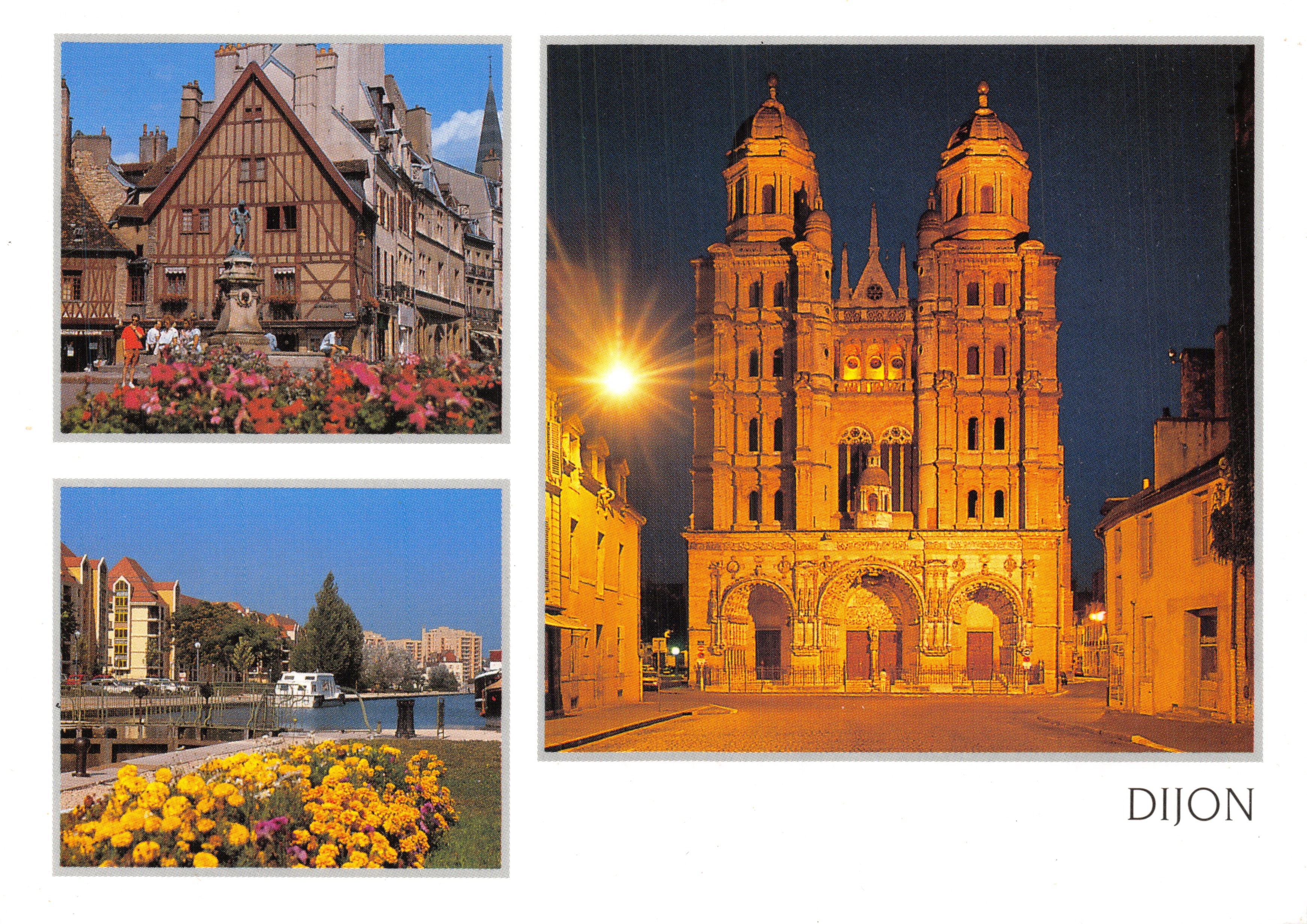 Dijon — vue de la cathédrale Saint-Bénigne de nuit, maison à colombages et canal — Éditions Combier - Macon