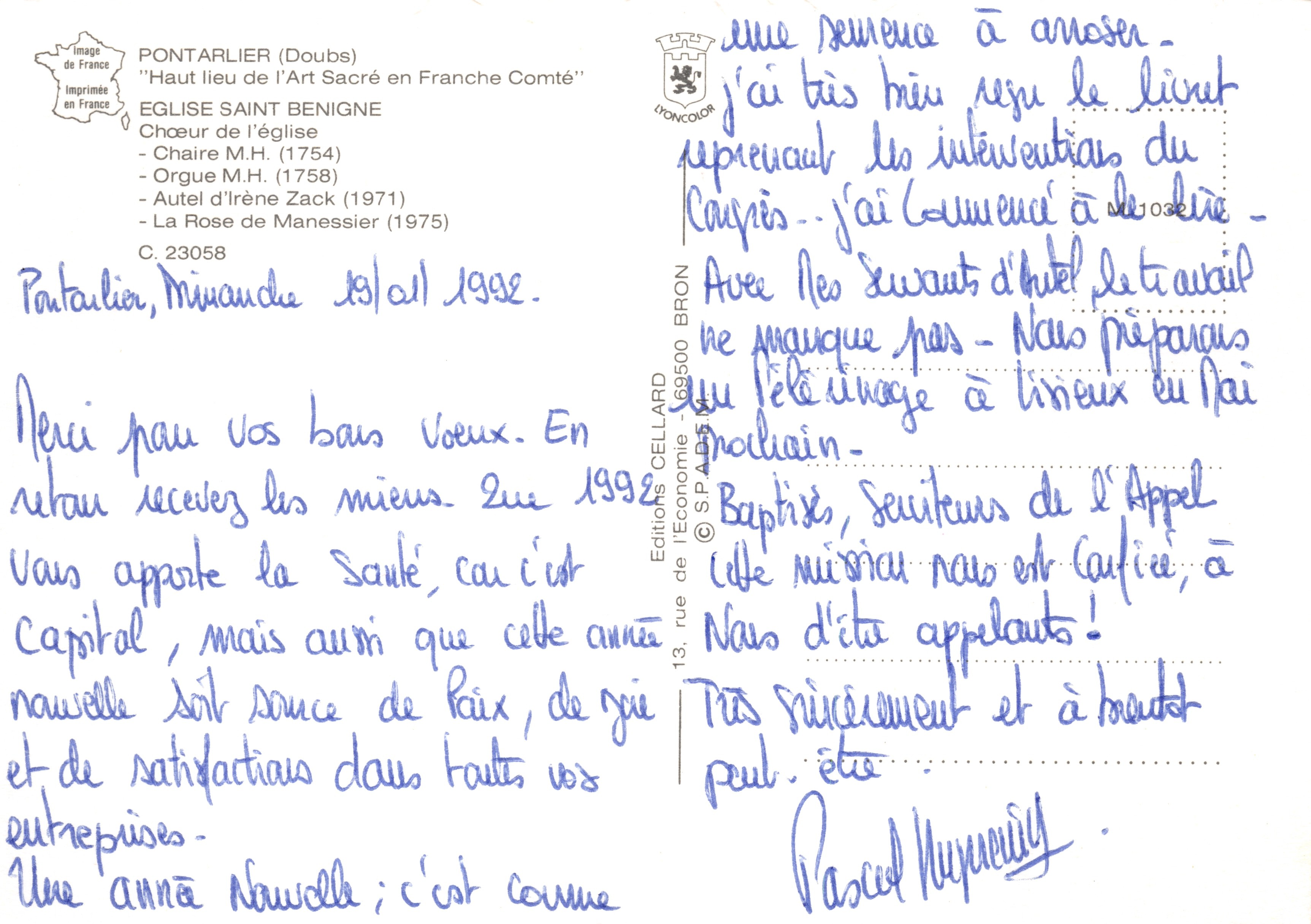 Chiesa Saint-Bénigne — interni del coro con organo e finestra a rosone — Éditions CELLARD — Verso