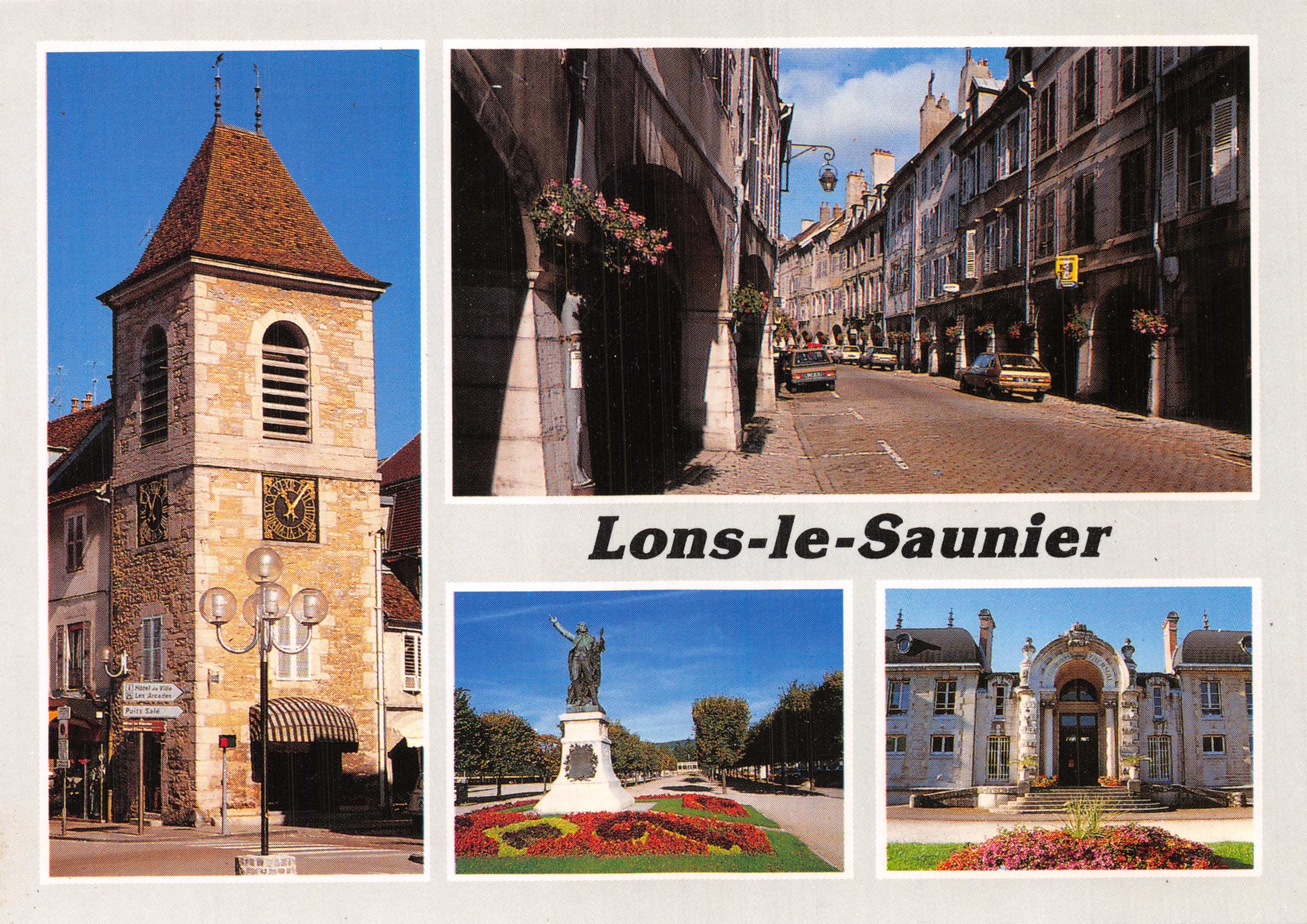 Lons-le-Saunier — Uhrturm, rue du Commerce, Statue von Rouget, Thermalbad — Éditions et Impressions Combier / Mâcon, n° C3 39300-0-0050