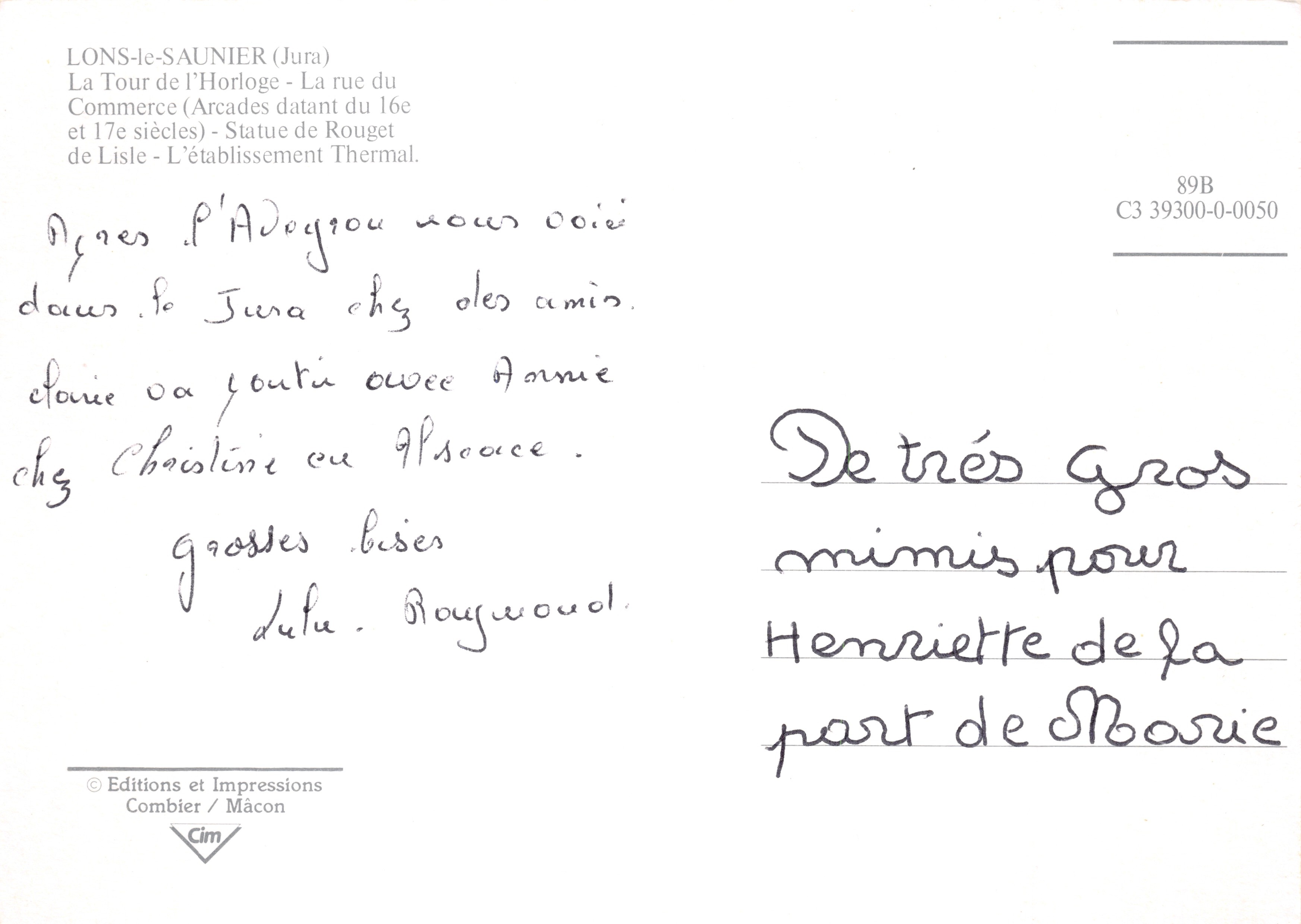 Lons-le-Saunier — Uhrturm, rue du Commerce, Statue von Rouget, Thermalbad — Éditions et Impressions Combier / Mâcon, n° C3 39300-0-0050 — Rückseite