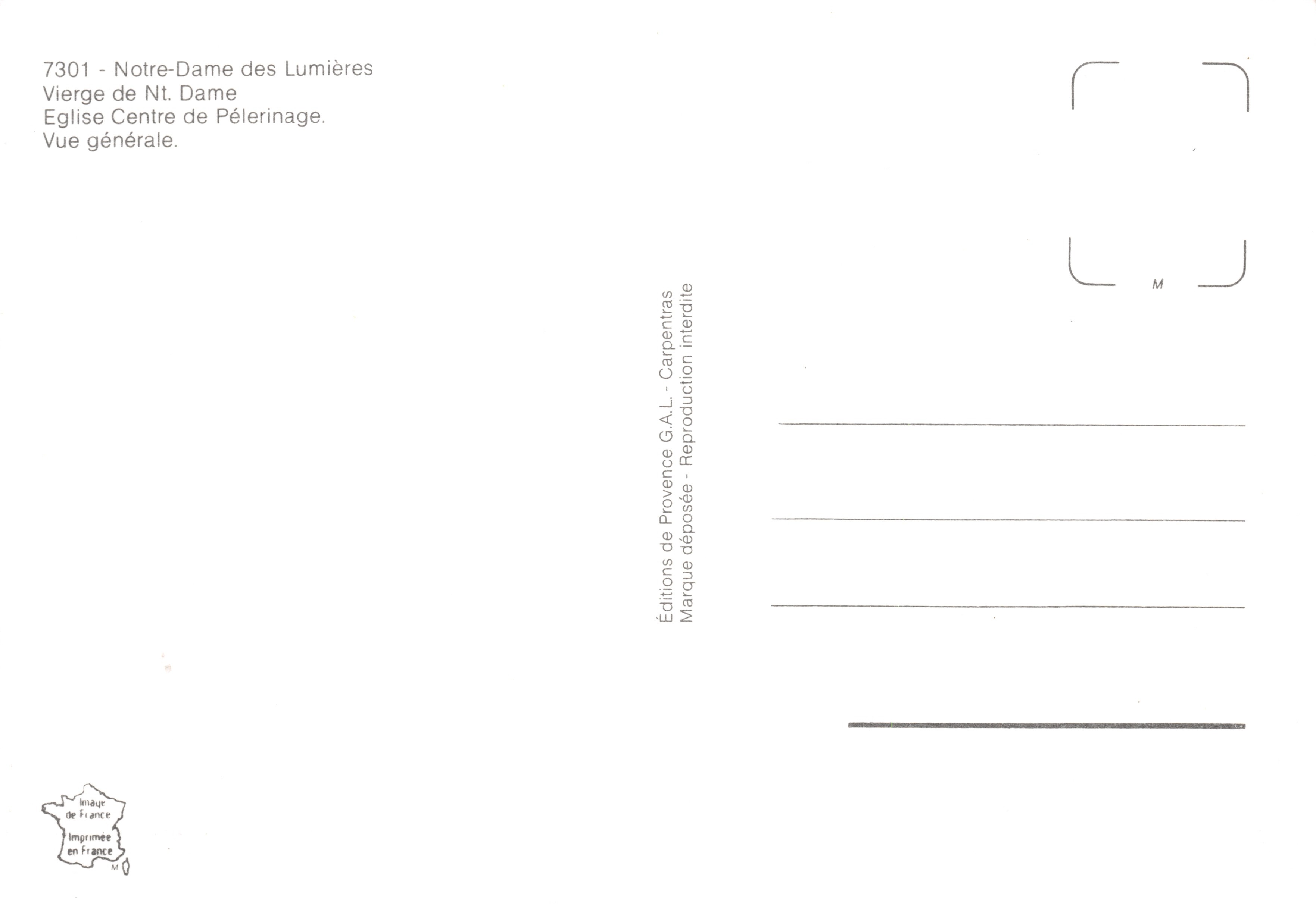 Notre-Dame de Lumières — statua della Vergine circondata da conchiglie e chiesa — Éditions de Provence G.A.L. - Carpentras — Verso