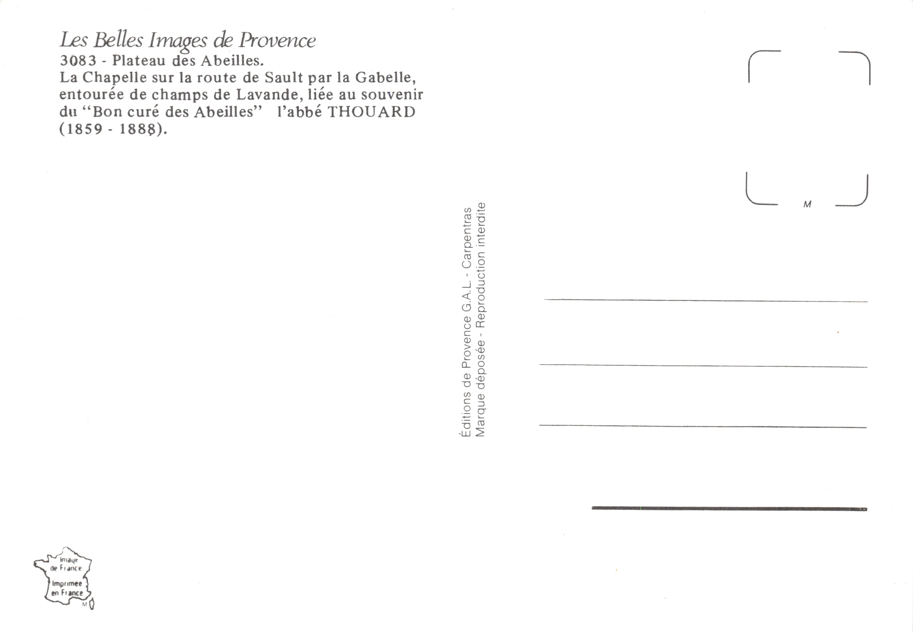 La Chapelle en la ruta hacia Sault — rodeada de campos de lavanda — Éditions de Provence G.A.L. - Carpentras — Reverso