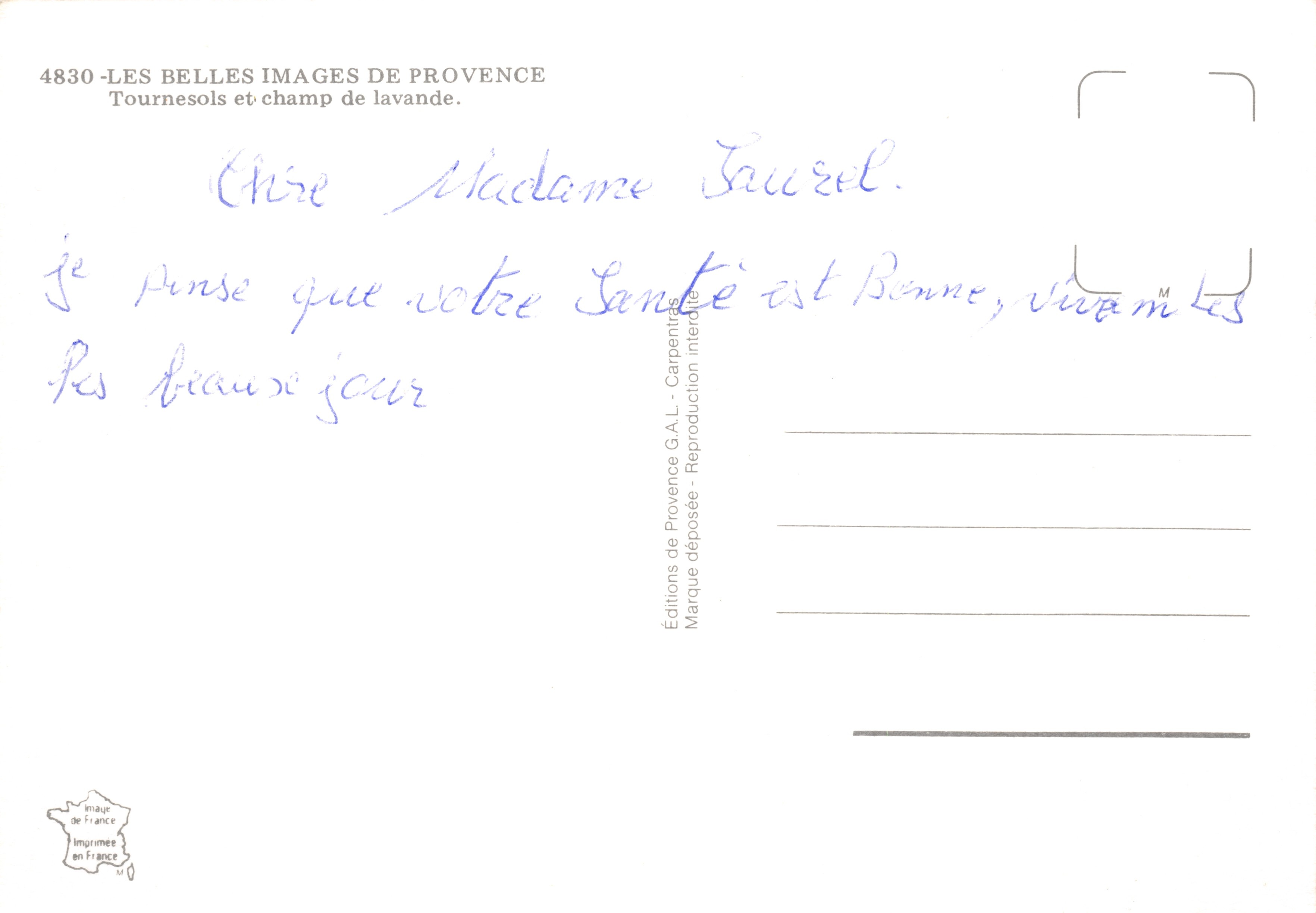 Sonnenblumen und Lavendelfeld — Éditions de Provence G.A.L. n° 4830 — Rückseite