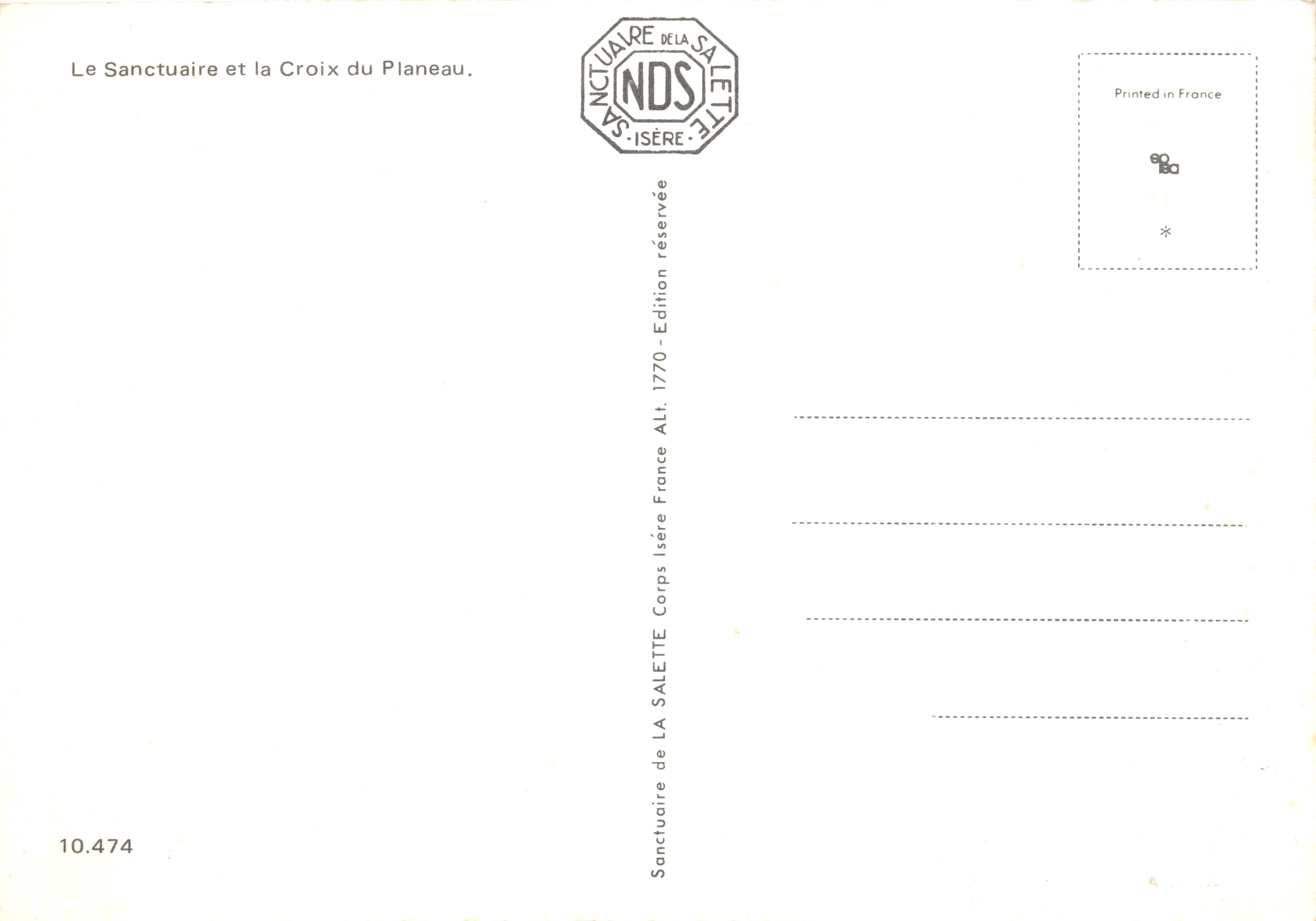 Sanctuary of La Salette — Croix du Planeau — publisher Sanctuary of La Salette, no. 10.474 — Back