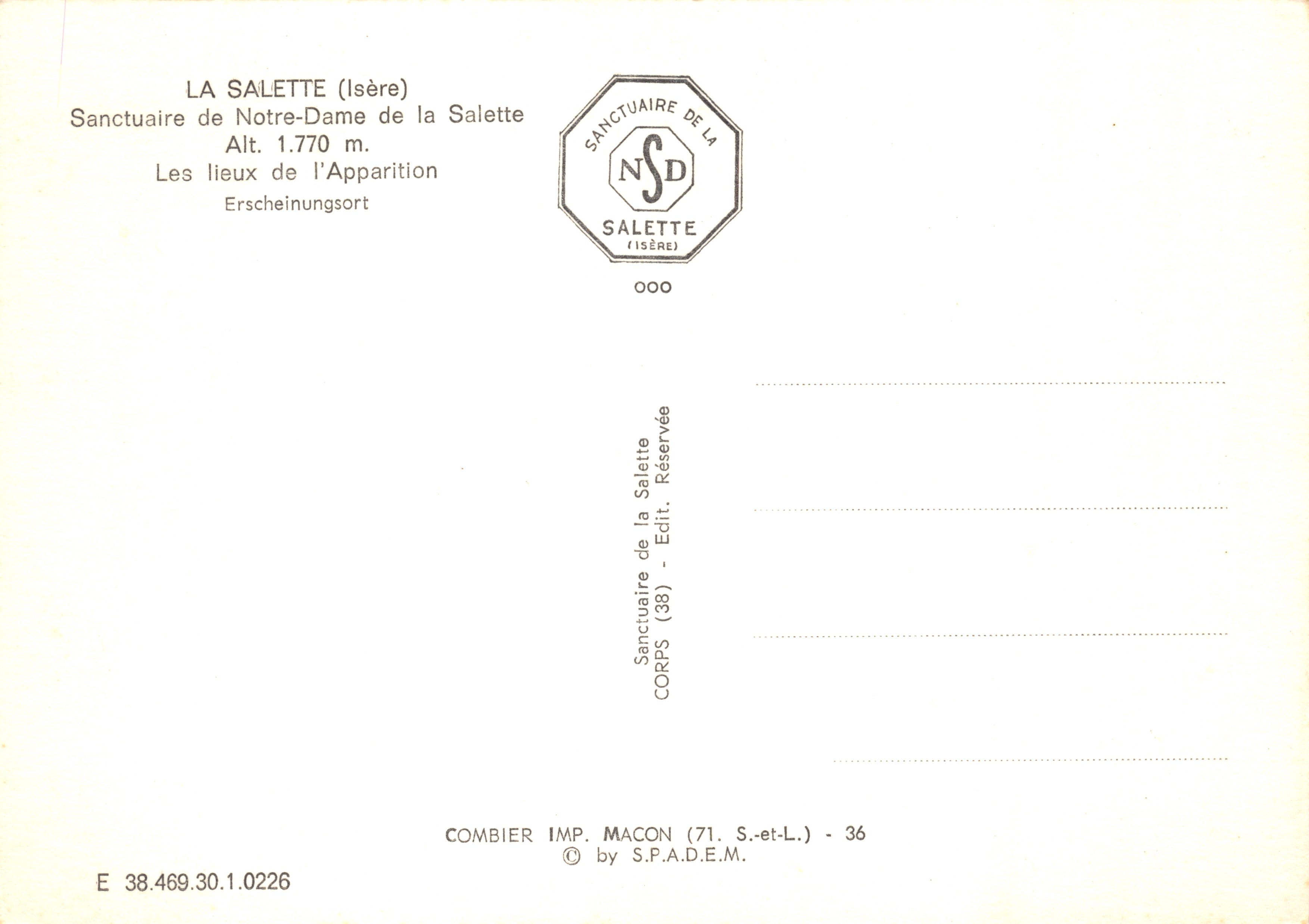 Sanctuaire de Notre-Dame de la Salette — éditeur COMBIBIER IMP. MACON (71. S.-et-L.) — Verso