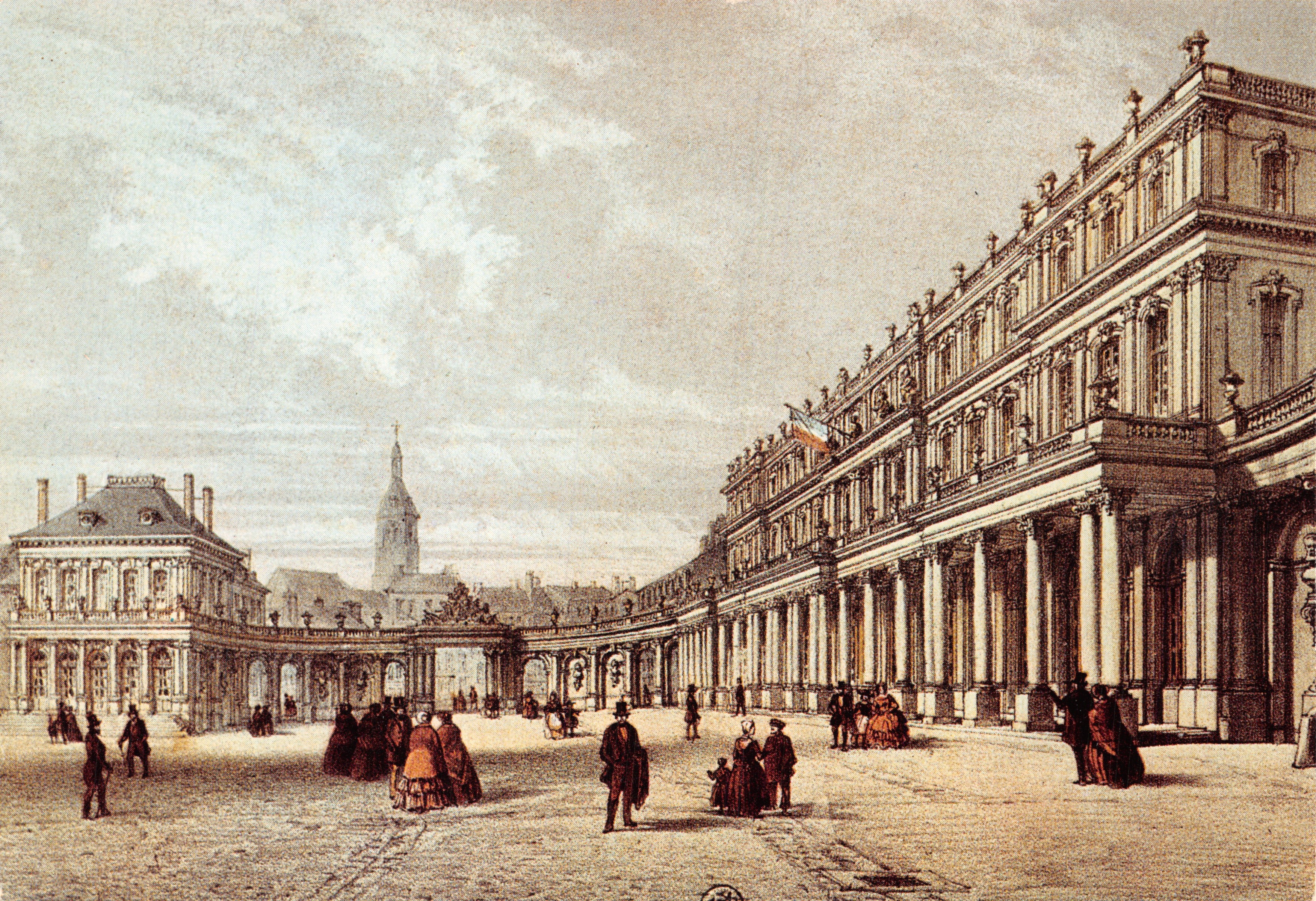 Nancy — Palacio del gobierno y el hemiciclo de la Carrière, con la iglesia de Saint-Epvre (litografía del Segundo Imperio) — Ediciones ESTEL